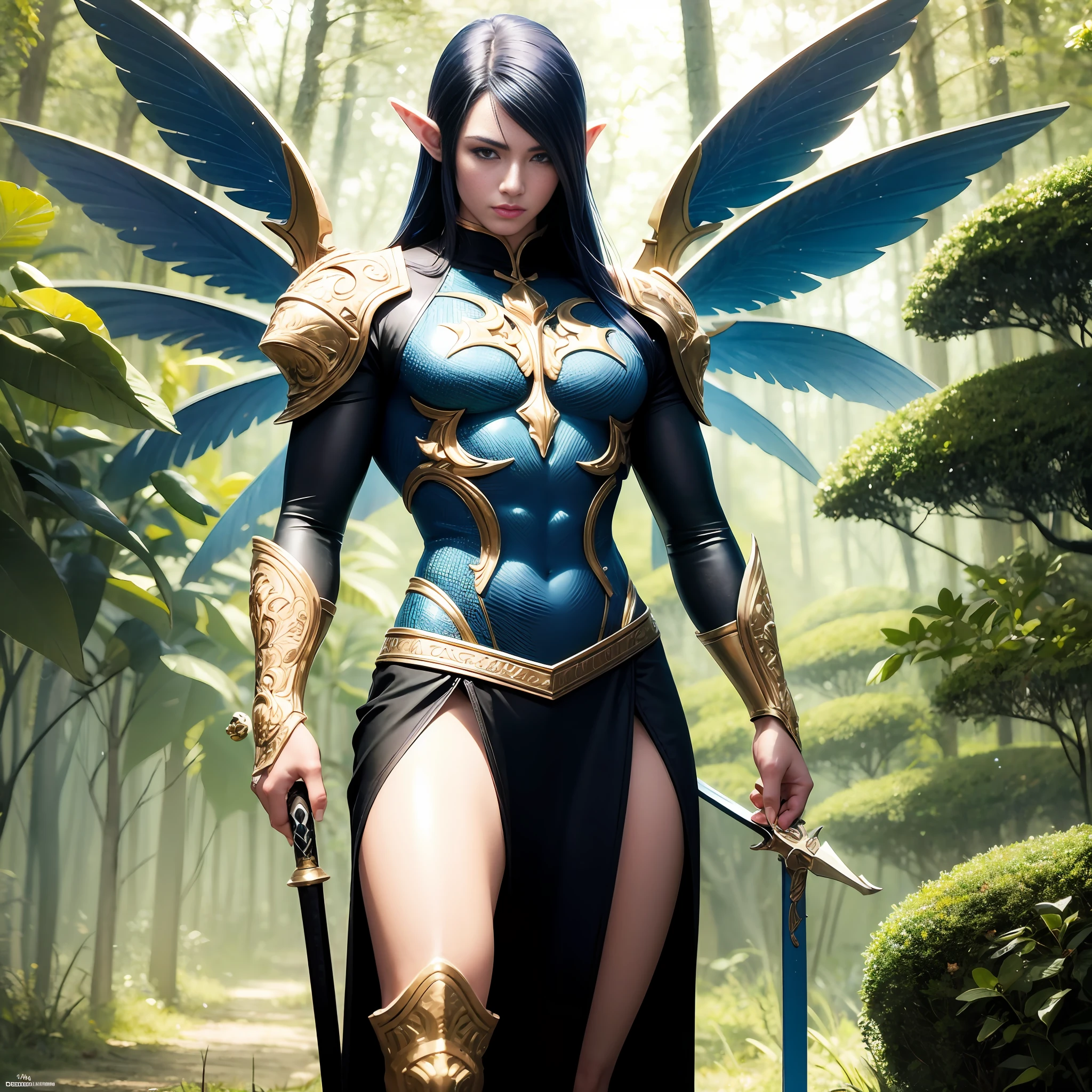[Buff Toned Male Elf Hero Champion holding sword, proper proportions, male fairy with blue and gold details, large wings, forest in the background, vibrant colors, order of priority, desirable assets, RTX textures, beautiful work, superb craftsmanship, masterfully aligned, extremely intricate, detailed features, defined edges, intense focus, HDRI SDR, pic vid, hyper realistic, high quality, maximum resolution, epic composition,  cinematic lighting, full shot]:0.5 --auto --s2