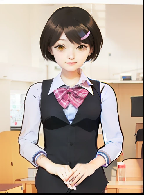 anime girl in school uniform standing in a classroom with her hands in her pockets, fubuki, magical school student uniform, realistic schoolgirl, yayoi kasuma, jk uniform, magic school uniform, sayori, as an anime character, my dress up darling anime, chiaki nanami, chiaki nanami from danganronpa, wearing rr diner uniform