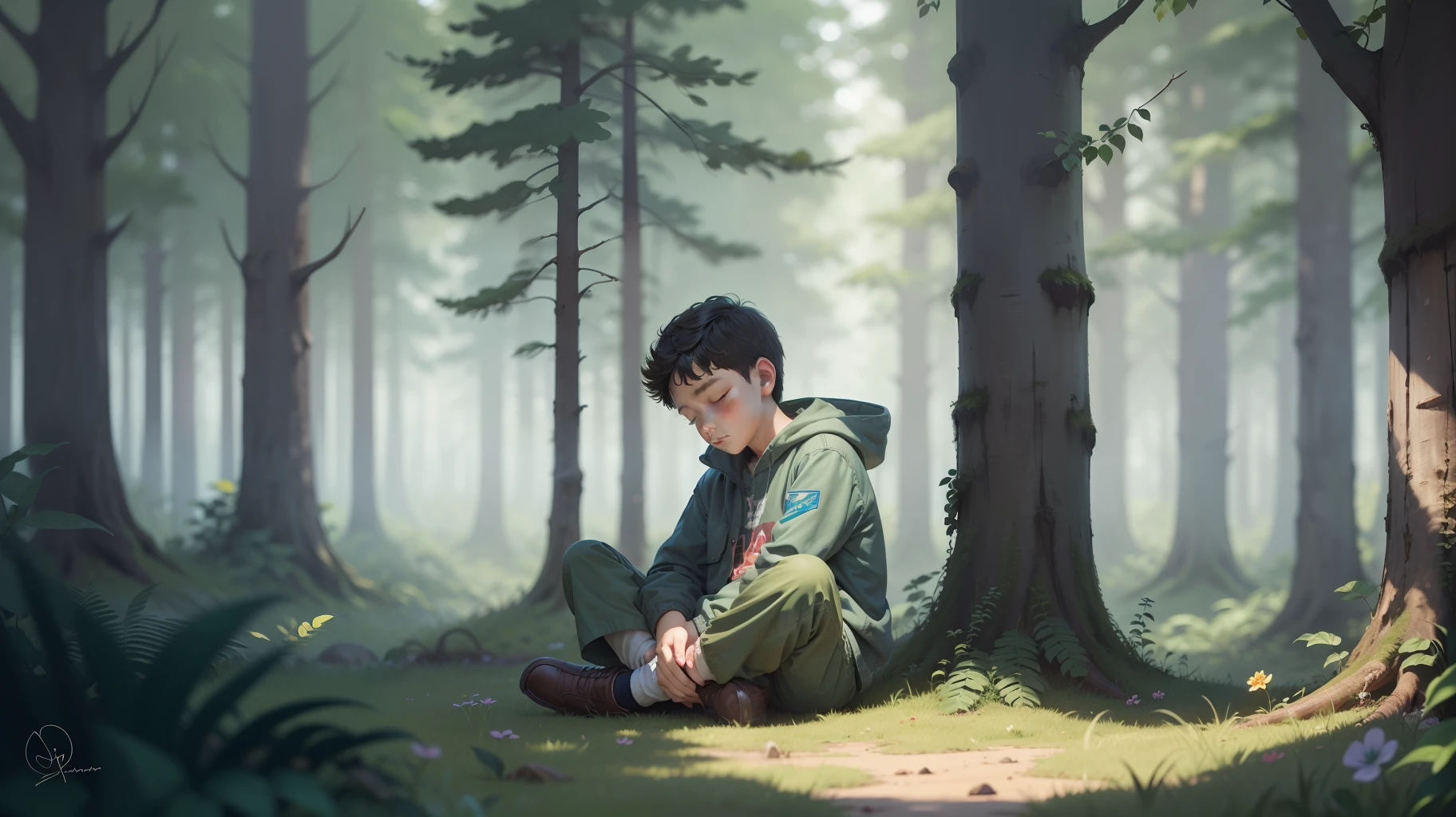 Boy sleeping in the forest