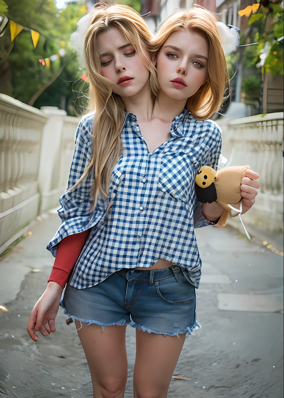 2heads, two headed girl, (one torso:1.5), pale skin, Scottish redhead, teenager, white girls, different ages, (two heads on one body:1.4), (first head uncomfortable:1.5), (second head unhappy:1.5) conjoined twins, heads side by side, one torso, young, uncomfortable, barefoot