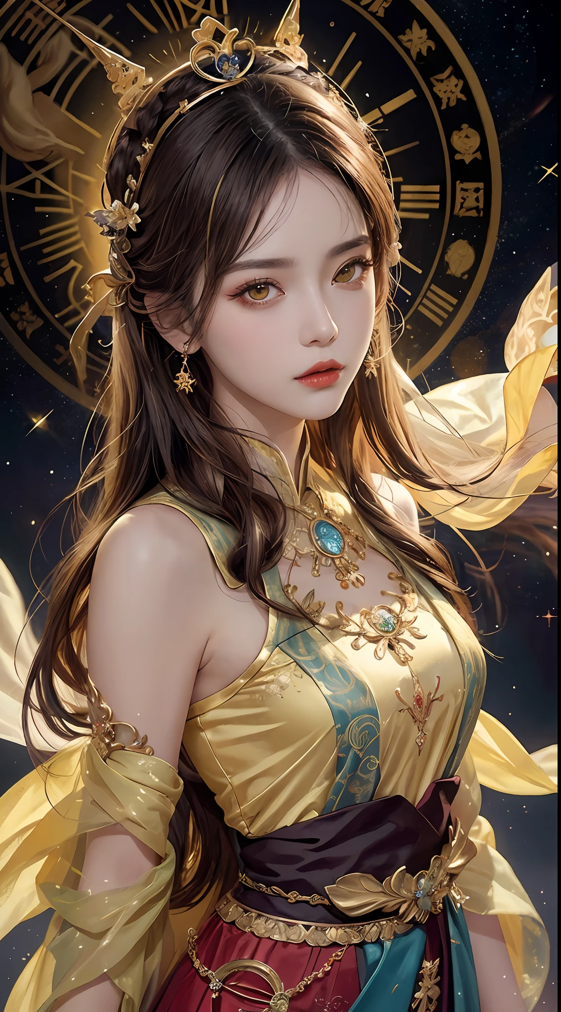 1 27-year-old girl, 1 zodiac goddess from the future, goddess of the pink and purple 12 zodiacs, the goddess of the zodiac in a yellow ao dai, a 12 zodiac ao dai with many black lace detail, mythology Goddess of the 12 zodiacs from the future, zodiac ♏, luxurious glittering zodiac style, dark and mysterious version, zodiac crown, lipstick lips red, thin and beautiful lips, Smile makes viewers fall in love, characters made by karol bak and pino daeni, intricate detail, detailed background, extremely detailed, light magic, a woman, clear face, look at the face of goddess zodialook at the zodiac goddess face, hair long with bangs, beautiful face in detail and well-proportioned eyes, (transparent yellow eyes: 1.8), big round eyes and very beautiful and detailed makeup, foresight, silk dress, mysterious makeup, double bangs and dyed light blonde, uper body, zodiac goddess uper body, arms hanging loosely, Realistic and vivid photo, (stars make up the zodiac: 1.7), (sky background zodiac and fictitious space and time portal: 1.8), fiction art, RAW photo, hanfu picture, best photo, best photo quality, 8k quality, 8k ultra, super realistic, real photo most economical, artistic portrait of goddess zodiac,