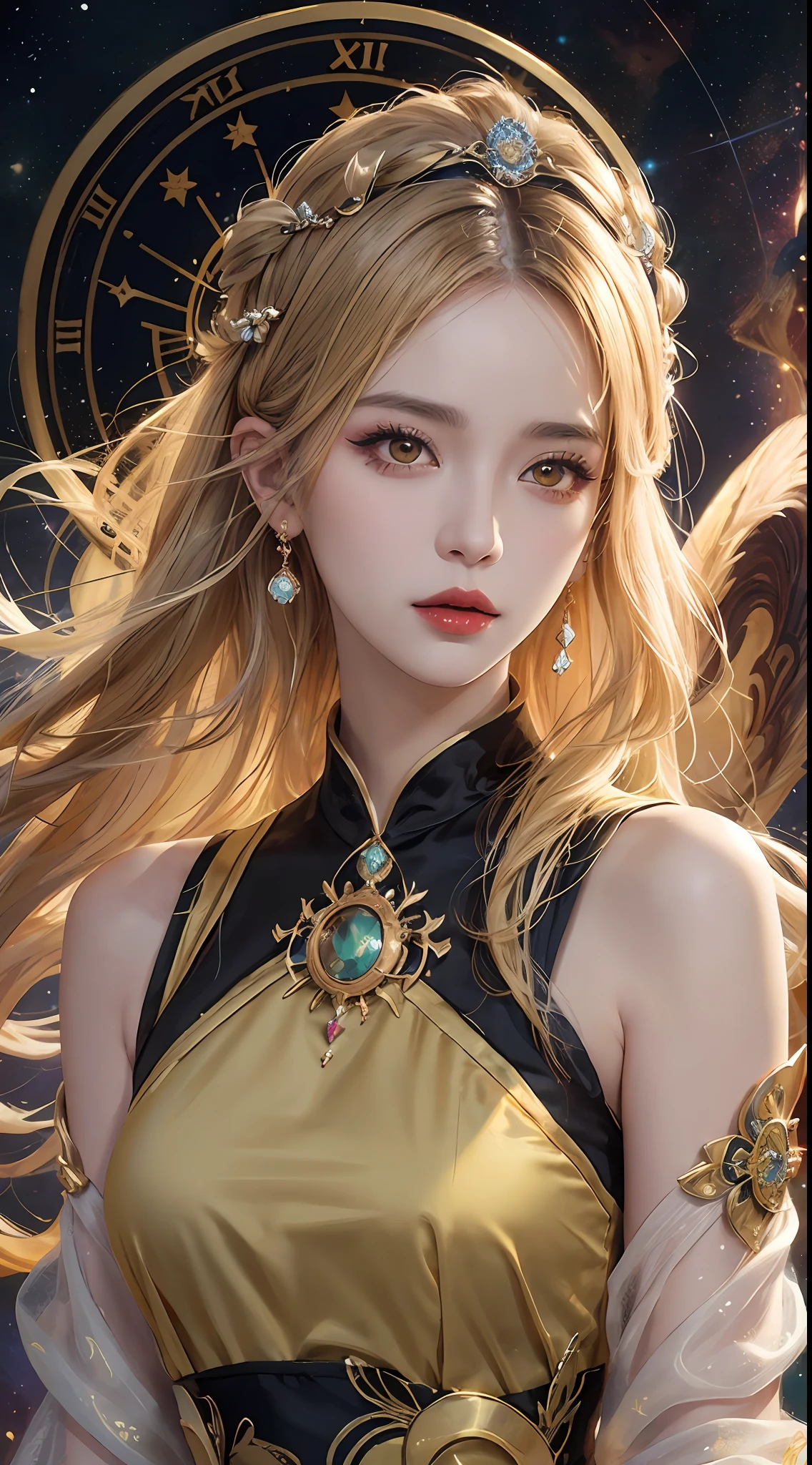 1 27-year-old girl, 1 zodiac goddess from the future, goddess of the pink and purple 12 zodiacs, the goddess of the zodiac in a yellow ao dai, a 12 zodiac ao dai with many black lace detail, mythology Goddess of the 12 zodiacs from the future, zodiac ♏, luxurious glittering zodiac style, dark and mysterious version, zodiac crown, lipstick lips red, thin and beautiful lips, Smile makes viewers fall in love, characters made by karol bak and pino daeni, intricate detail, detailed background, extremely detailed, light magic, a woman, clear face, look at the face of goddess zodialook at the zodiac goddess face, hair long with bangs, beautiful face in detail and well-proportioned eyes, (transparent yellow eyes: 1.8), big round eyes and very beautiful and detailed makeup, foresight, silk dress, mysterious makeup, double bangs and dyed light blonde, uper body, zodiac goddess uper body, arms hanging loosely, Realistic and vivid photo, (stars make up the zodiac: 1.7), (sky background zodiac and fictitious space and time portal: 1.8), fiction art, RAW photo, hanfu picture, best photo, best photo quality, 8k quality, 8k ultra, super realistic, real photo most economical, artistic portrait of goddess zodiac,