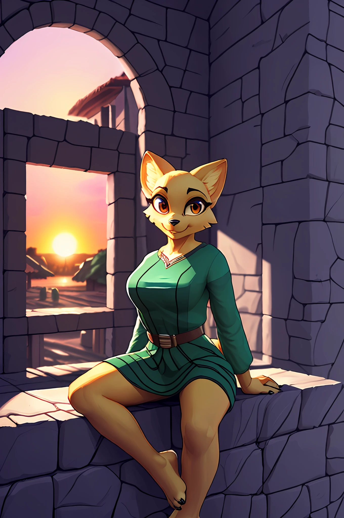 [katia managan], [Uploaded to e621.net; (Pixelsketcher), (wamudraws)], ((masterpiece)), ((1girls)), ((solo portrait)), ((full body)), ((furry; anthro)), ((detailed fur)), ((raytracing)), ((detailed shading)), ((beautiful 3D art)), {anthro; (yellow fur, black nose), cute dark brown slit eyes, smile, (green withered tunic), (beautiful feet), (black claws:1.3)}, {(sitting on wall)}, [background; (village; (sunrise), (stone wall)]