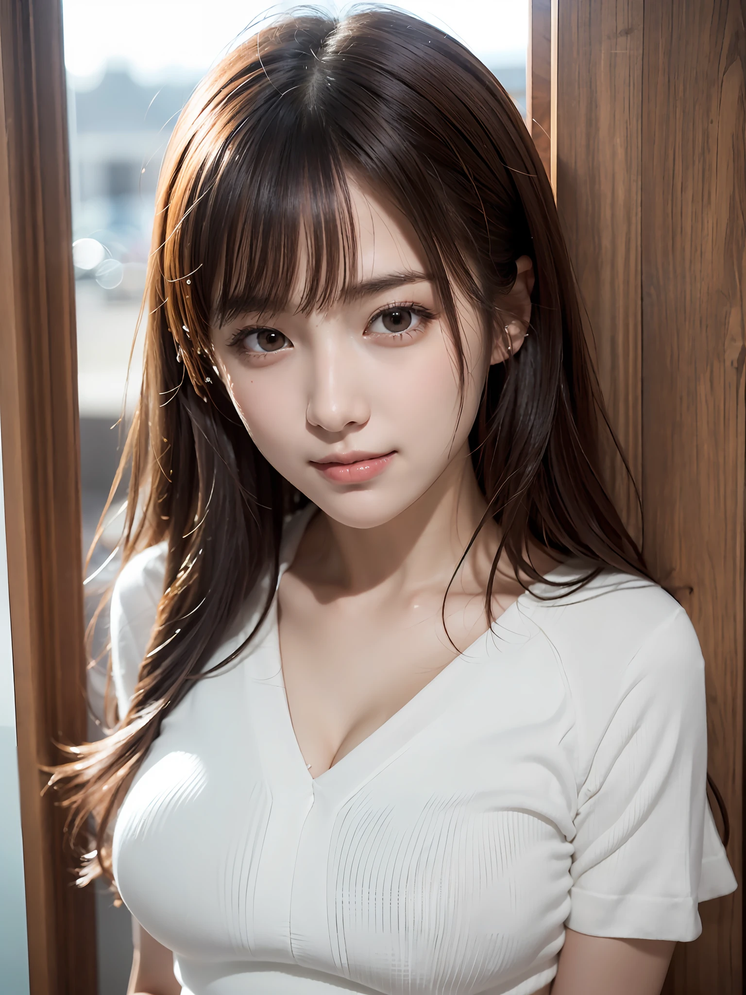 High School Uniform, (Knee-High Socks), (Innocent and Classy Girls: 1.2), (Layered Hairstyle, Brown Hair), Medium Long Hair, (Refreshing Smile: 1.2), ((Upper Body Shot: 1.2)), (Medium Large Breath: 1.2), (Upper Bust), (Fair Skin: 1.2), (Home Door: 1.2), (View Viewer: 1.1), from a distance from the top, Highly detailed face and skin texture, detailed eyes, double eyelids, pale cheeks, shiny skin, no shiny small neck, shiny lips: 1.4, facial lighting, , Korean idol, Nogizaka idol, gravure idol, actress