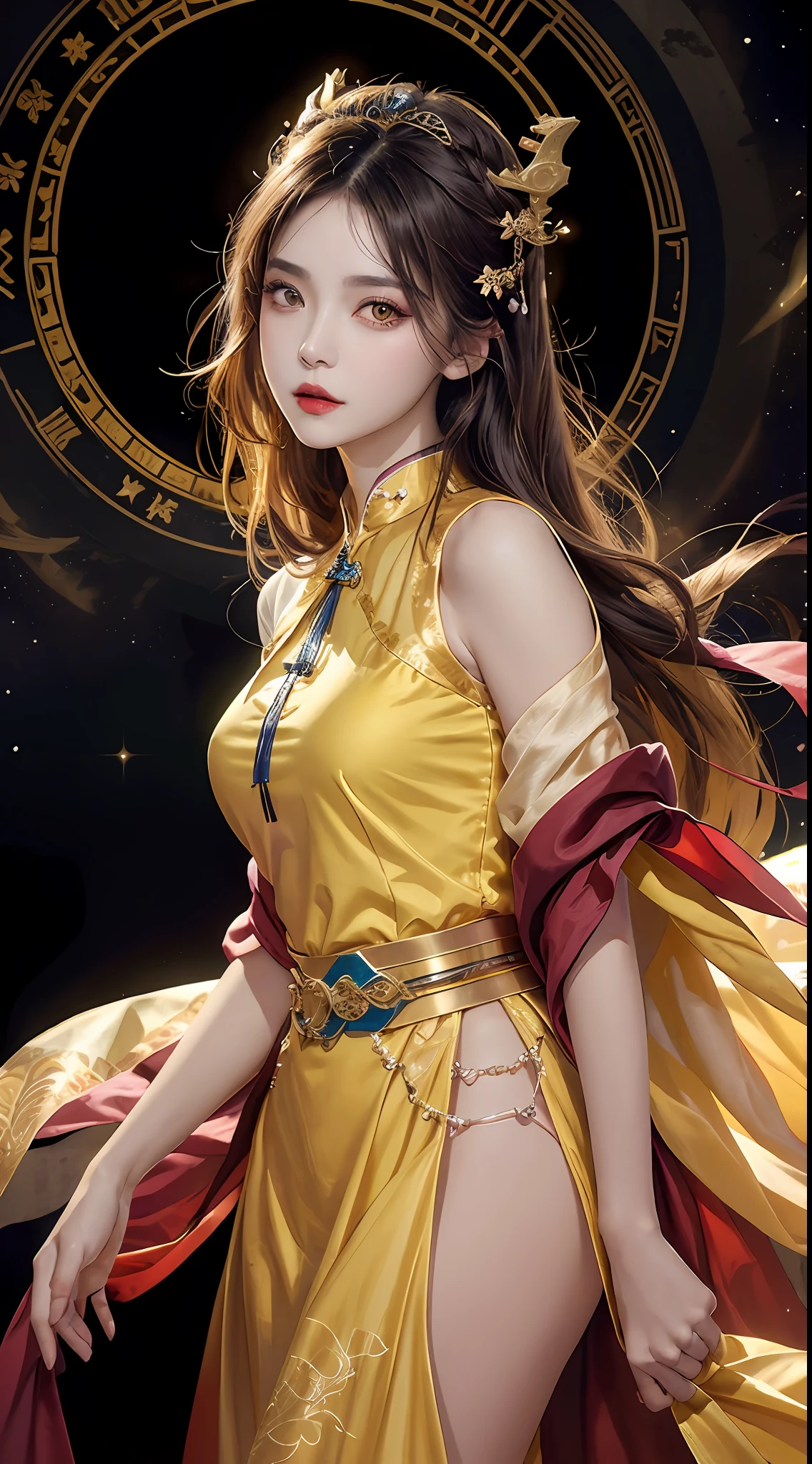 1 27-year-old girl, 1 zodiac goddess from the future, goddess of the pink and purple 12 zodiacs, the goddess of the zodiac in a yellow ao dai, a 12 zodiac ao dai with many black lace detail, mythology Goddess of the 12 zodiacs from the future, zodiac ♏, luxurious glittering zodiac style, dark and mysterious version, zodiac crown, lipstick lips red, thin and beautiful lips, Smile makes viewers fall in love, characters made by karol bak and pino daeni, intricate detail, detailed background, extremely detailed, light magic, a woman, clear face, look at the face of goddess zodialook at the zodiac goddess face, hair long with bangs, beautiful face in detail and well-proportioned eyes, (transparent yellow eyes: 1.8), big round eyes and very beautiful and detailed makeup, foresight, silk dress, mysterious makeup, double bangs and dyed light blonde, uper body, zodiac goddess uper body, arms hanging loosely, Realistic and vivid photo, (stars make up the zodiac: 1.7), (sky background zodiac and fictitious space and time portal: 1.8), fiction art, RAW photo, hanfu picture, best photo, best photo quality, 8k quality, 8k ultra, super realistic, real photo most economical, artistic portrait of goddess zodiac,