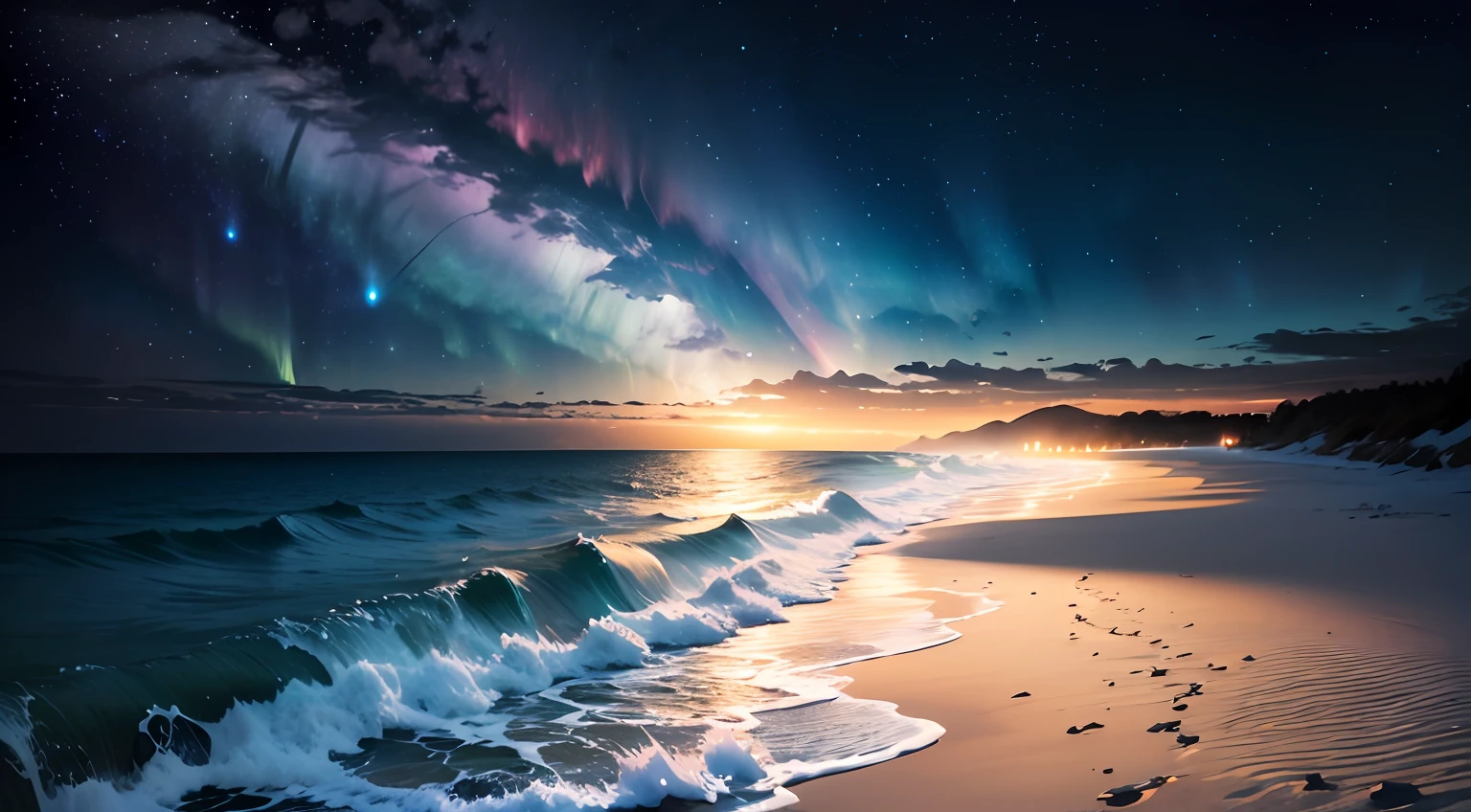 Ocean, starry sky, aurora --auto
