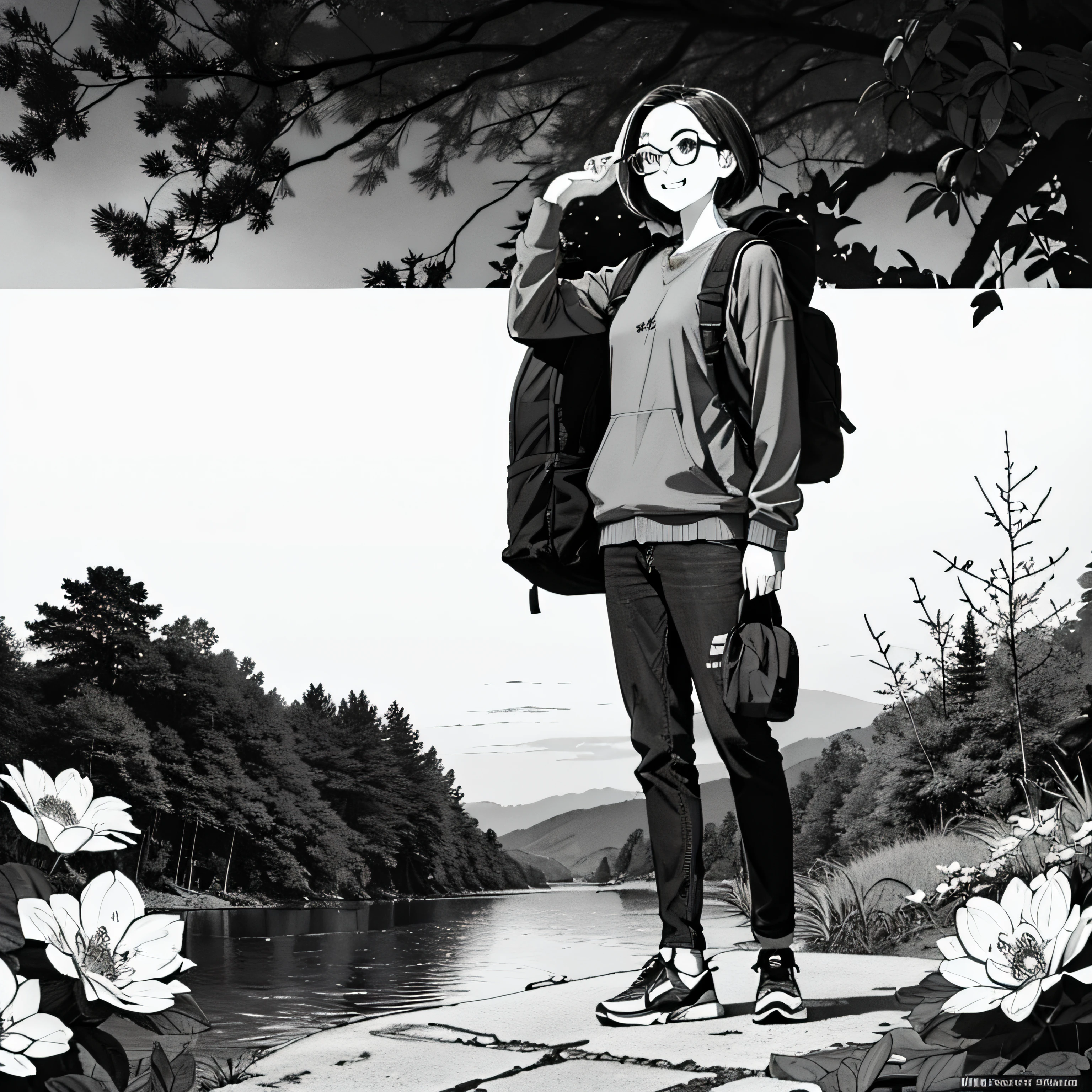 (background ancient ruins), original,(illustration:1.2 black and white),(best quality), (masterpiece:1.2), (extremely detailed 8k wallpaper of the unit, black and white image, made in HB graphite pencils, (panoramic photo:1.4),(full body:1.05), (splashes),((GRAPHITE)), sharp focus, 1 girl standing with backpack on her back and large round glasses, (flowers, woods), outdoors, stones, make happy expressions, soft, pure smile, beautiful and detailed face and eyes, short hair, soft face, forehead --auto