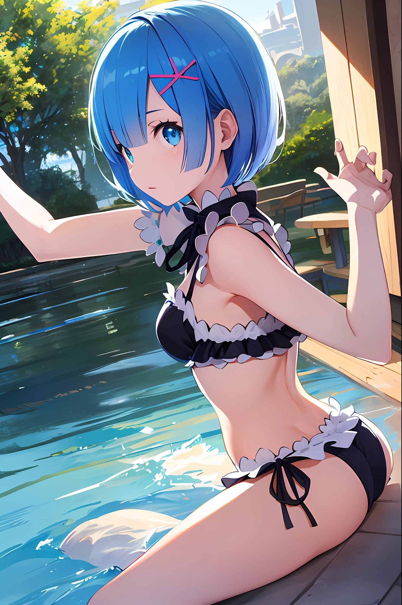 (Masterpiece: 1.6, Best Quality), (Fine Beautiful Eyes: 1.2), ph_rem, Remhd, 1girl, Blue hair, Solo, Blue eyes, Maid, Sea, Bay, Daylight, Tree, Wave, Raise Your Arms, Micro Bikini, Swimsuit