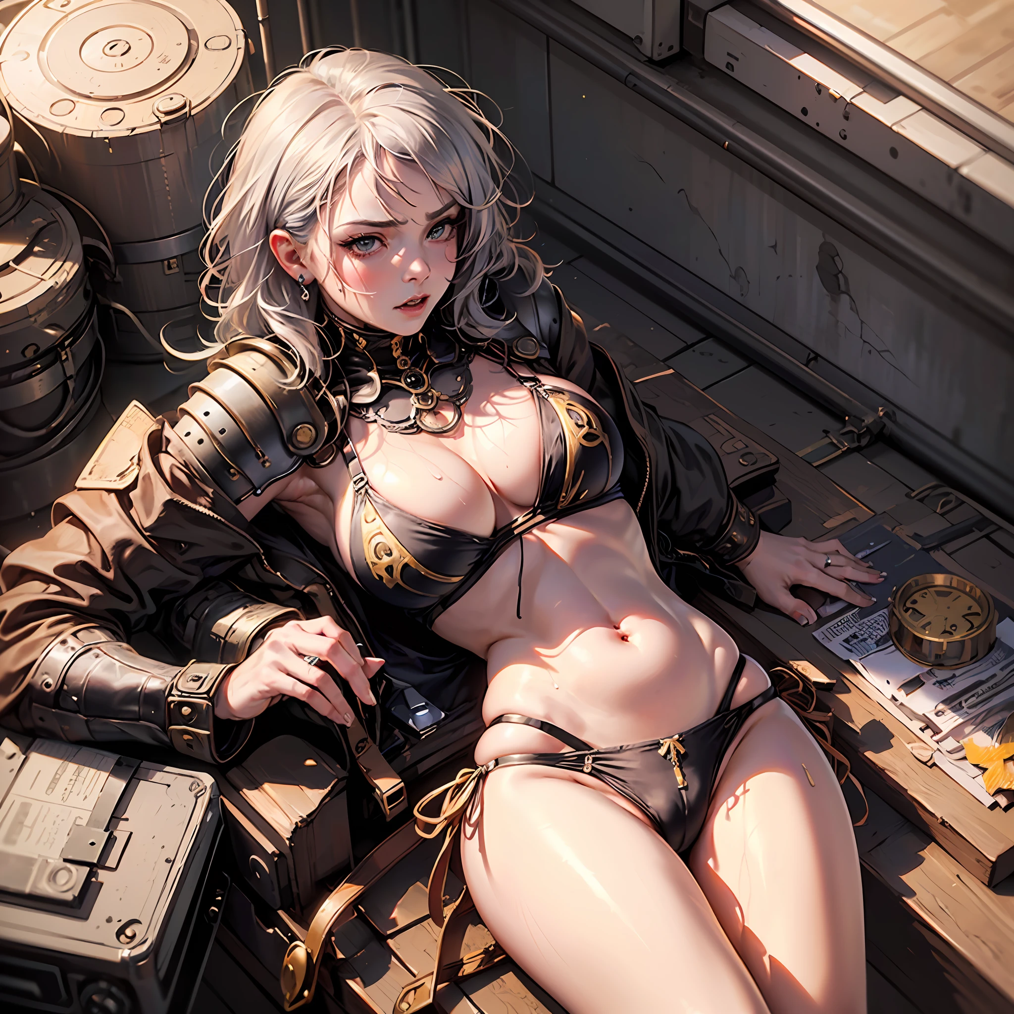 (((Cutesexybutts,steampunk clothes, very marked cameltoe, very marked tits under the bikini, pezon muy marcado en punta)),Bedroom, lying down, silver hair, solo, navel, girl, open clothes, see through the bikini, micro bikini, blush, angry face, protruding areola, (dark skin: 1.1), huge breasts, POV, wet neckline, (thick thighs), 4k hd, ultra realistic, perfect body, perfect lips, perfect nose, perfect eyes, Nice belly deatied, see through clothes, legs open, looking at the viwer. --auto