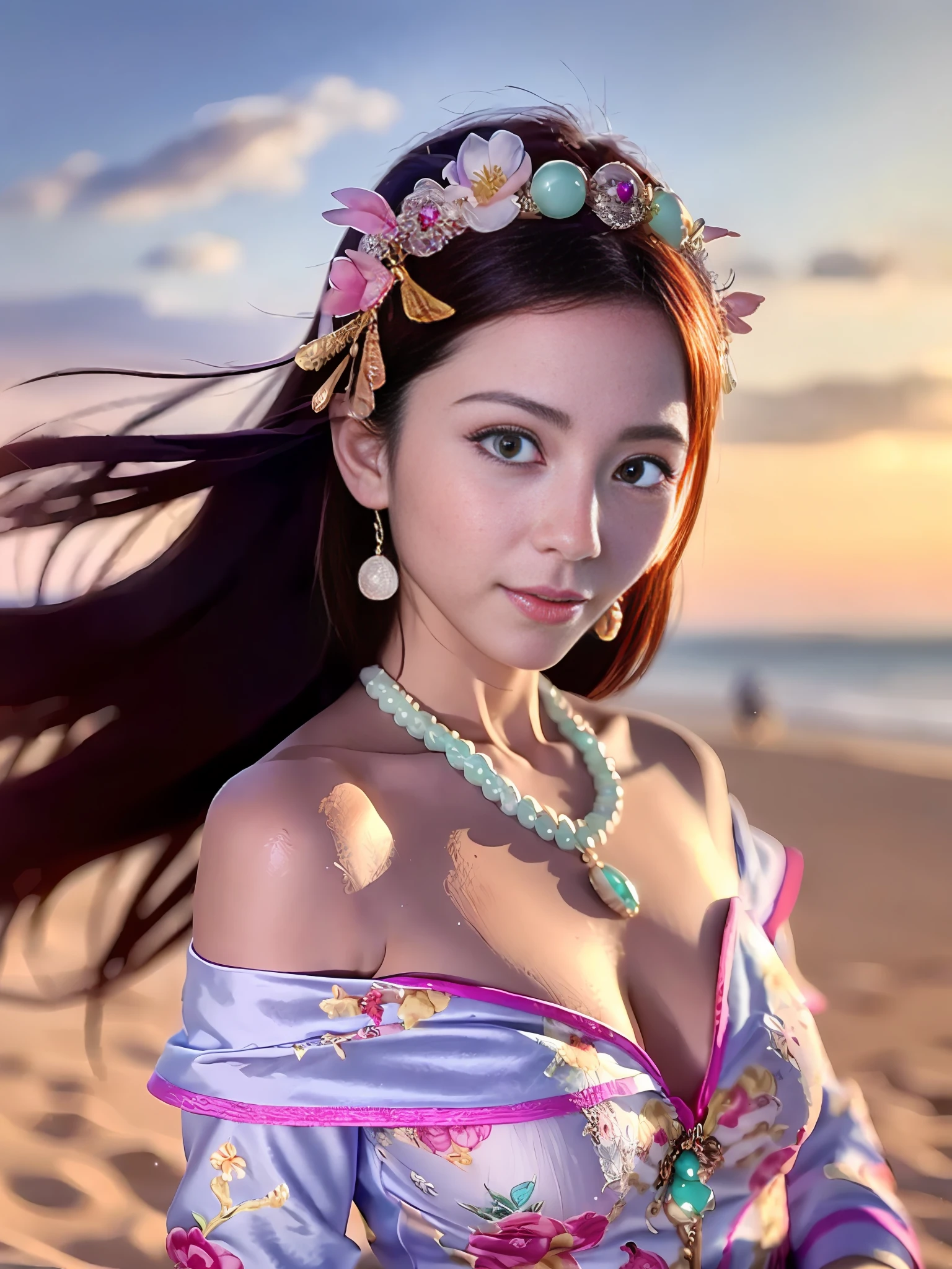 (best quality:1.1) ,(photorealistic:1.1), (photography:1.1), (highly detailed:1.1), looking at viewer,armlet, Jade bracelet, eyelashes, happy, medium breasts,beautiful detailed girl, (extremely detailed eyes and face), (lighting on face),necklace,Colorful clothes, [chinese clothes],[off shoulder], (solo:1.2), sandbeach,sand,Standing by the seaside, summer, (beautiful detailed sky),seethru,