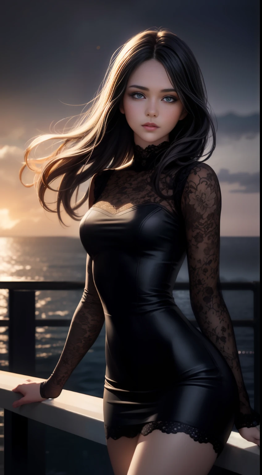 Realistic, (1girl), flowing hair, blue eyes, glowing eyes, sexy posture leaning against the railing, looking at the audience head-on, detailed lace shirt, luxurious light dress fluttering in the wind, parted lips, detailed face details, natural shadows, depth of field, cinematic lighting effects, sea of flowers