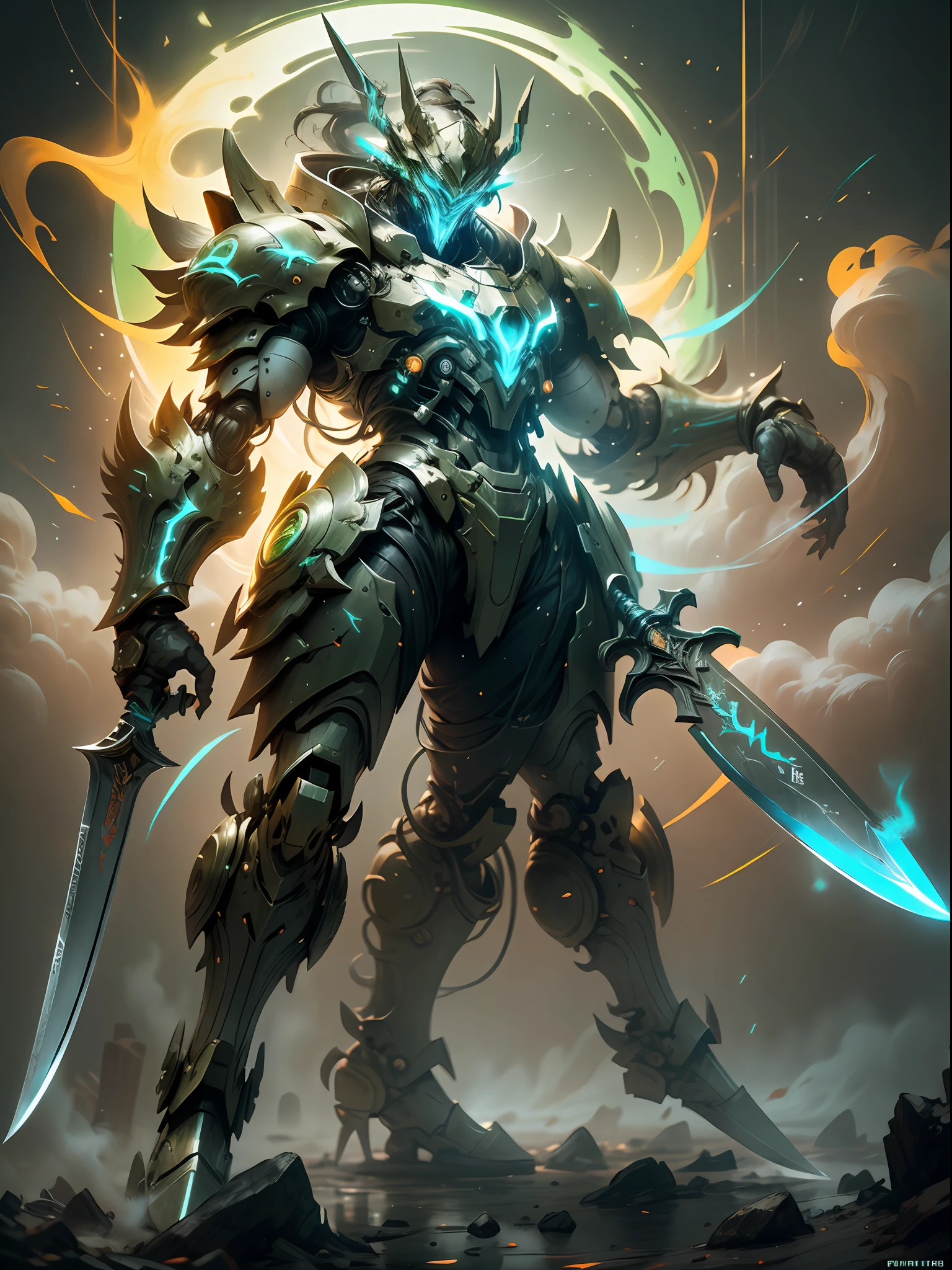 Ghost warrior holding a two-meter long knife, super cool ghost warrior, with a huge long knife, Fang Tian painting halberd, green dragon moon knife, wearing green mechanical armor, surrounded by smoke, holding a super long knife, imposing walking, positive perspective, perfect body proportions, tall body, full body photo, super detail, realistic, shiny, reflective, bioluminescence, galactic cybernetic mask, mecha, (executioner: 1.2), cape, SH4G0D, GlowingRunes_red, full body, movie, dark background, backlight, high contrast,