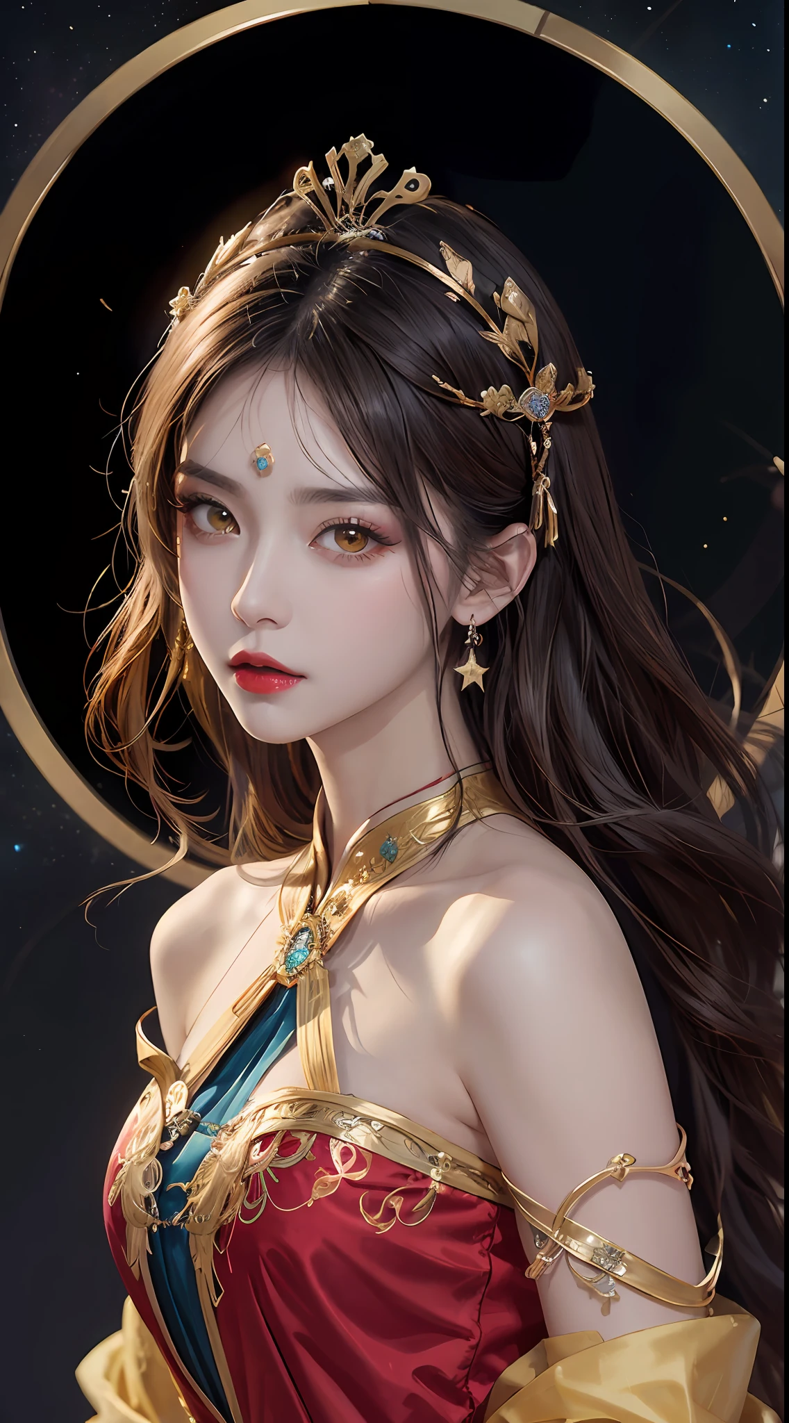 1 27-year-old girl, 1 zodiac goddess from the future, goddess of the pink and purple 12 zodiacs, the goddess of the zodiac in a yellow ao dai, a 12 zodiac ao dai with many black lace detail, mythology Goddess of the 12 zodiacs from the future, zodiac ♏, luxurious glittering zodiac style, dark and mysterious version, zodiac crown, lipstick lips red, thin and beautiful lips, Smile makes viewers fall in love, characters made by karol bak and pino daeni, intricate detail, detailed background, extremely detailed, light magic, a woman, clear face, look at the face of goddess zodialook at the zodiac goddess face, hair long with bangs, beautiful face in detail and well-proportioned eyes, (transparent yellow eyes: 1.8), big round eyes and very beautiful and detailed makeup, foresight, silk dress, mysterious makeup, double bangs and dyed light blonde, uper body, zodiac goddess uper body, arms hanging loosely, Realistic and vivid photo, (stars make up the zodiac: 1.7), (sky background zodiac and fictitious space and time portal: 1.8), fiction art, RAW photo, hanfu picture, best photo, best photo quality, 8k quality, 8k ultra, super realistic, real photo most economical, artistic portrait of goddess zodiac,