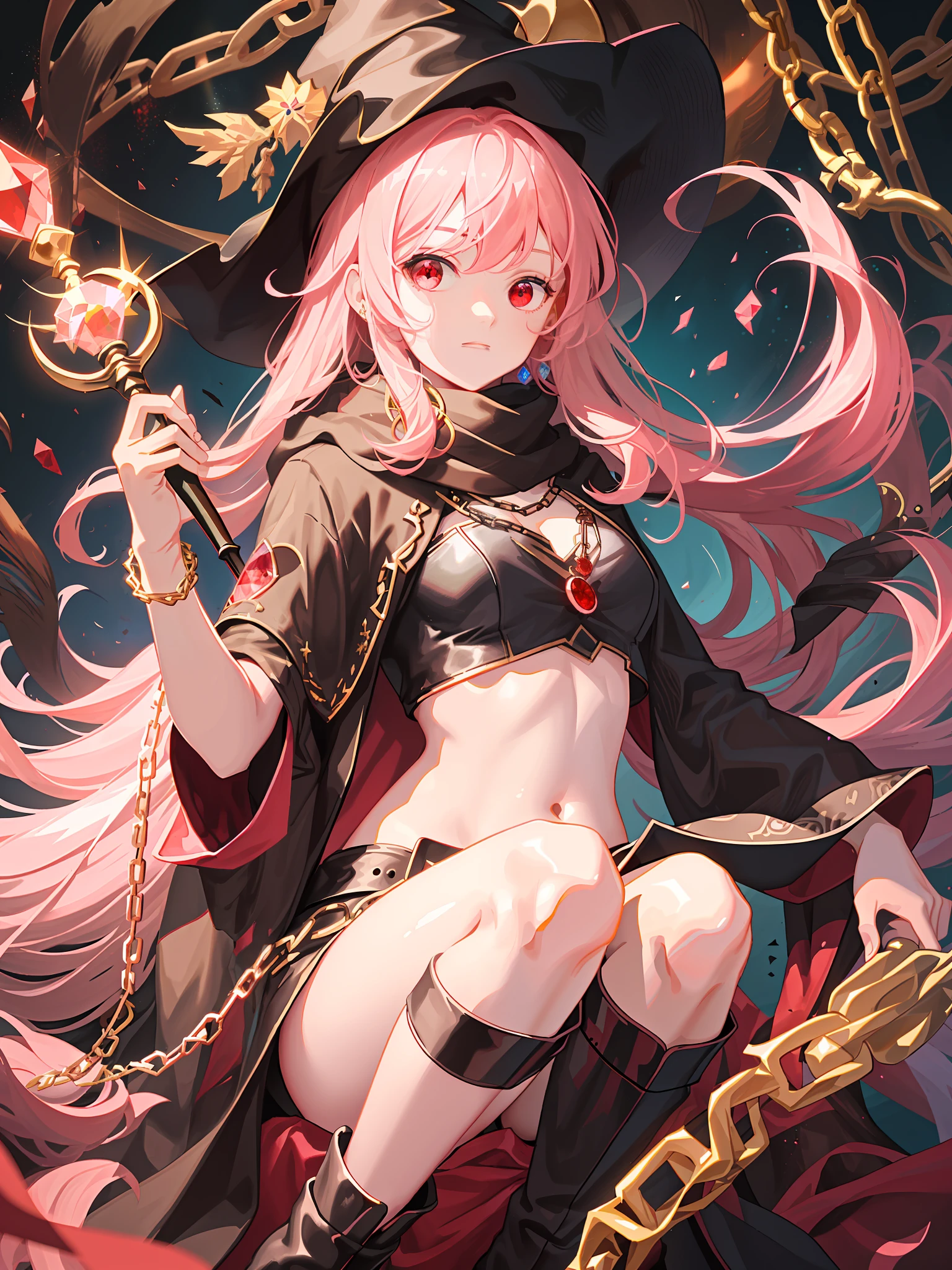 Best Quality, Masterpiece, High Resolution, 1Girl, Very Long Pink Hair, Brown Wizard Hat, Dark Red Eyes, Pink Scarf, Black Chains, Medium Breasts, Dark Chamber of Secrets, Long Brown Wizard Robe, Holding Gem-encrusted Ebony Staff, Black Over-the-Knee Boots