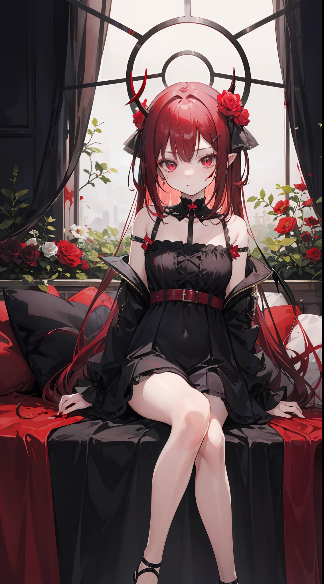 Inside the flower garden, there is a loli little girl with dark red hair, she has horns, she is an envious demon, she is sin of envy, and have blood in her clothes, she sitting around flower of death