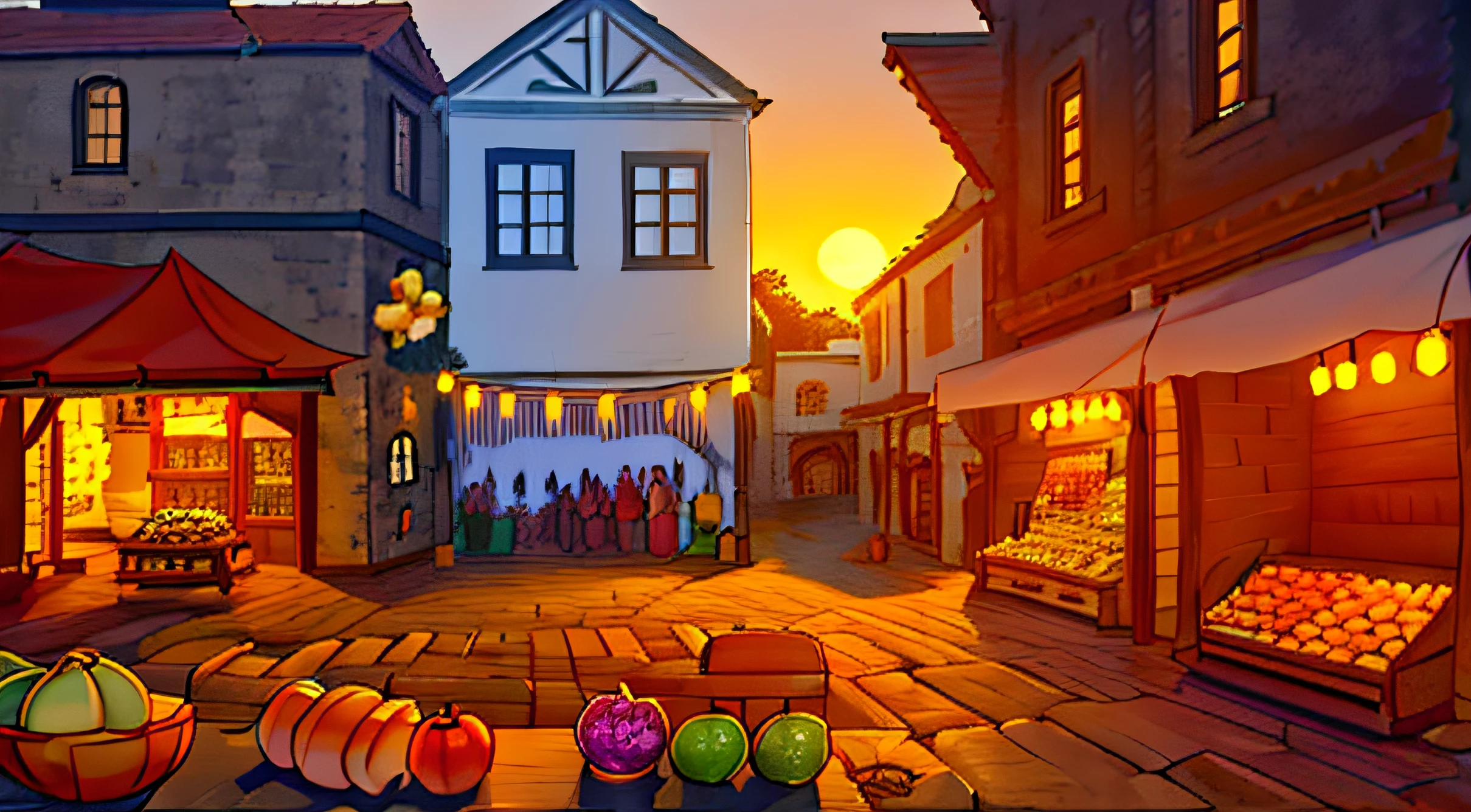 Medieval market, with rows of wooden stalls and colorful tents lining a cobblestone street. Merchants haggle with customers over goods such as fresh produce, handmade crafts, and exotic spices. In the distance, a castle looms over the scene, adding to the sense of history and adventure. The sun is shining brightly, casting a warm glow over the entire marketplace