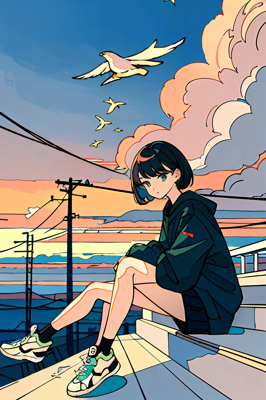 masterpiece, intricate detail,best quality, 1girl, solo, railing, cloud, sitting, outdoors, whale, short hair, shoes, sky, long sleeves, sneakers, power lines, white footwear, black hair, looking at viewer, utility pole, bangs, cloudy sky, fish, bird, green eyes, shorts, animal, day, black shirt, bare legs