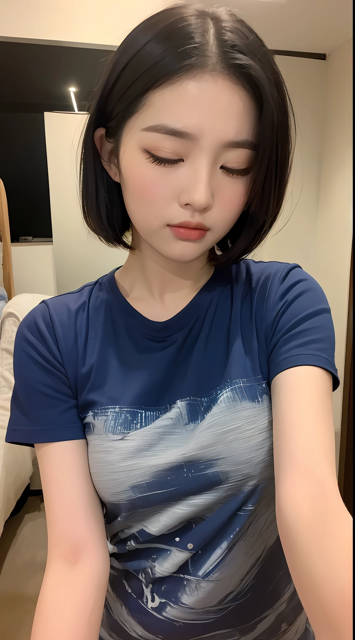 ((Best quality, 8k, Masterpiece :1.3)), Sharp focus :1.2, Perfect Body Beauty: 1.4, ((Layered short hair: 1.2)), (Short sleeves: 1.1 ), (Night: 1.2), Highly detailed face and skin texture, eyes closed, wishing action,