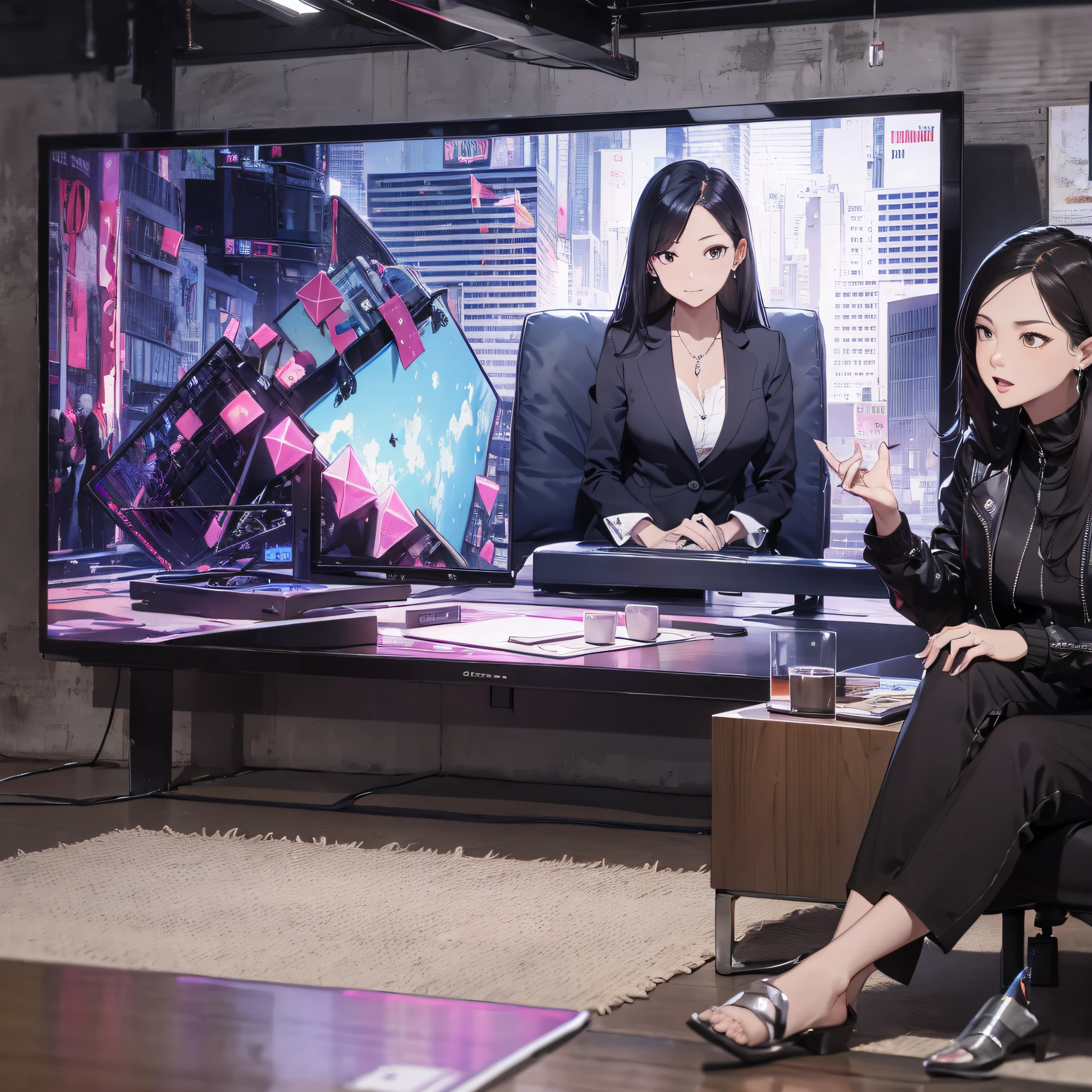 Absurd resolution, high resolution, (masterpiece: 1.4), hyper-detail, TV hostess is explaining the news, sitting, serious expression, big screen