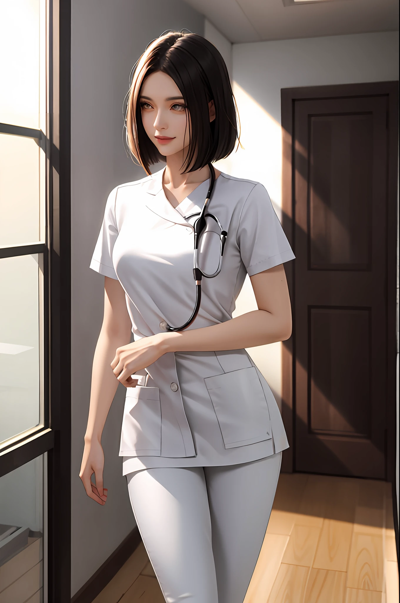 masterpiece, top quality, high quality, high resolution, high quality textures, high quality shadows, high detail, realistic, cinematic lights, side lights, lens flares, ray tracing, sharp focus, beautiful adult woman with black hair, elegant, tall, long bob cut, nurse, hospital, wearing white nursing clothes, white uniform, wearing stethoscope from the neck. He wears white pants behind him. Manly. slim thighs, small breasts, slim, long eyelashes, mature, white sneakers, smile, beauty