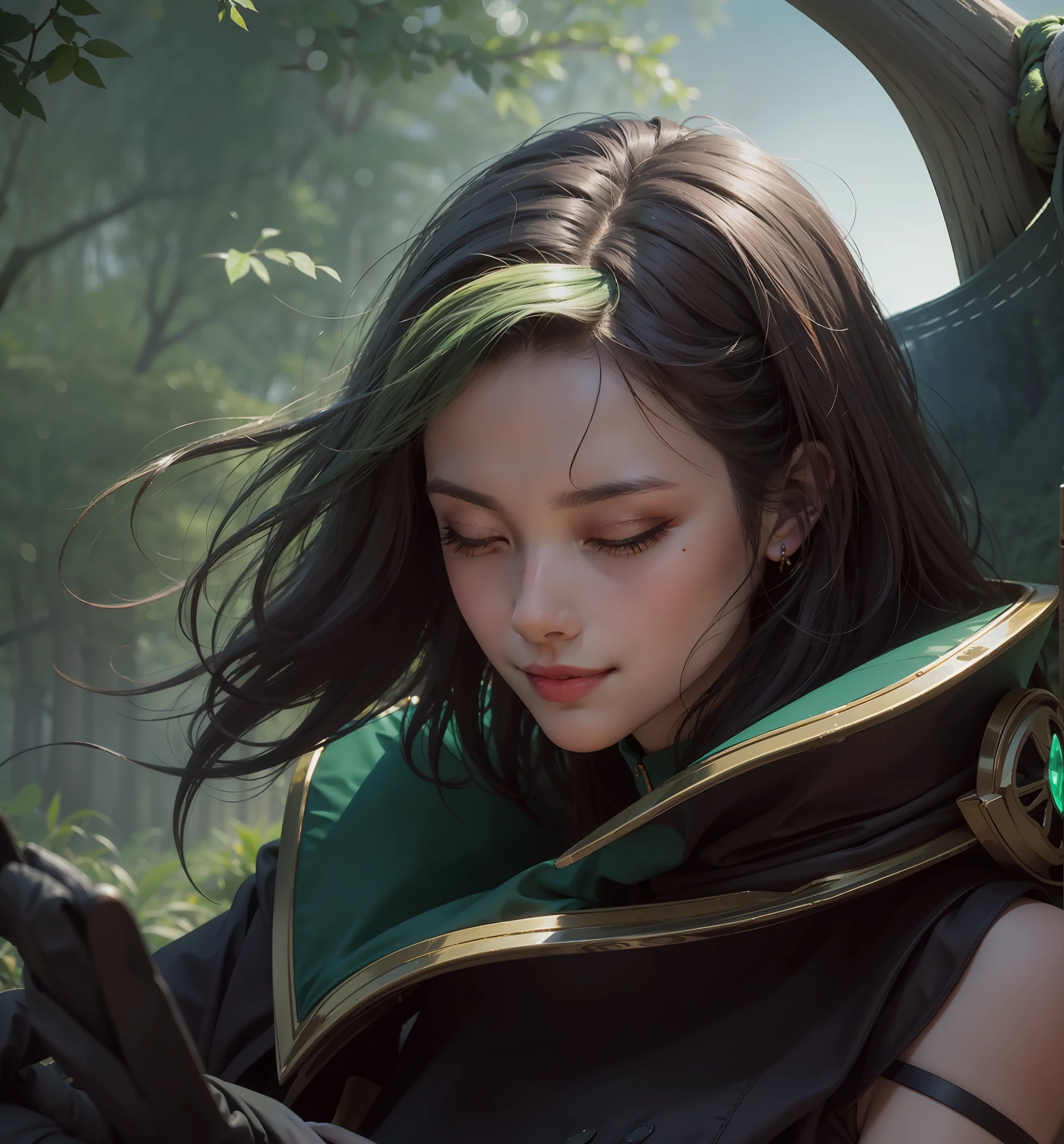 Benedetta, Mobile Legends, hair detail, Realistic, Best Quality, HD, Beautiful, Considerate, Looking at me with a smile and closing my eyes, Loving me with all her heart, Black Green dress, Scenery, Sunny, Forest, Emerald Green Eyes