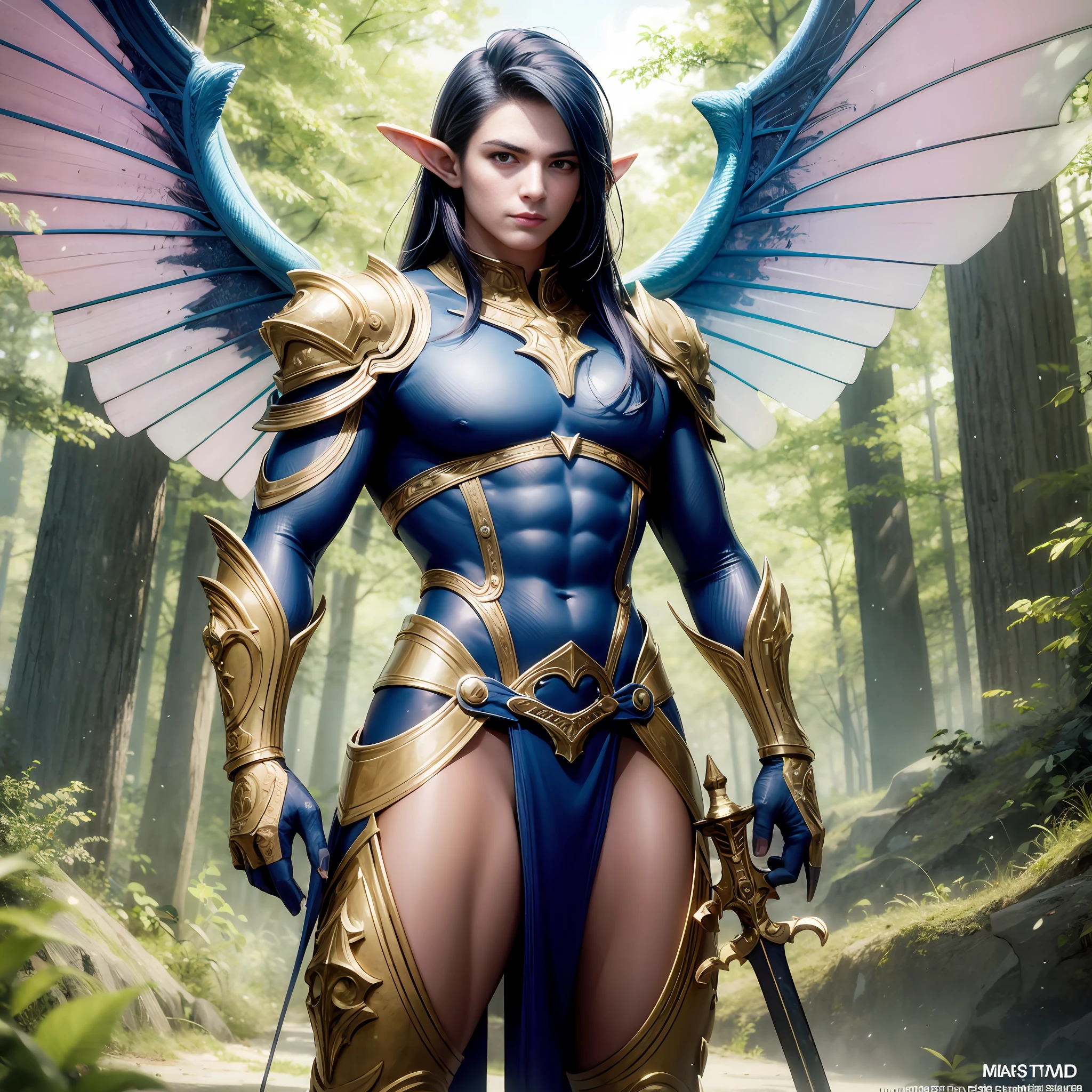 [Buff Toned Male Elf Hero Champion holding sword, proper proportions, male fairy man, chest out, with blue and gold details, large wings, forest in the background, vibrant colors, order of priority, desirable assets, RTX textures, beautiful work, superb craftsmanship, masterfully aligned, extremely intricate, detailed features, defined edges, intense focus, HDRI SDR, pic vid, hyper realistic, high quality,  Maximum resolution, epic composition, cinematic lighting, full shot]:0.5 --auto --s2
