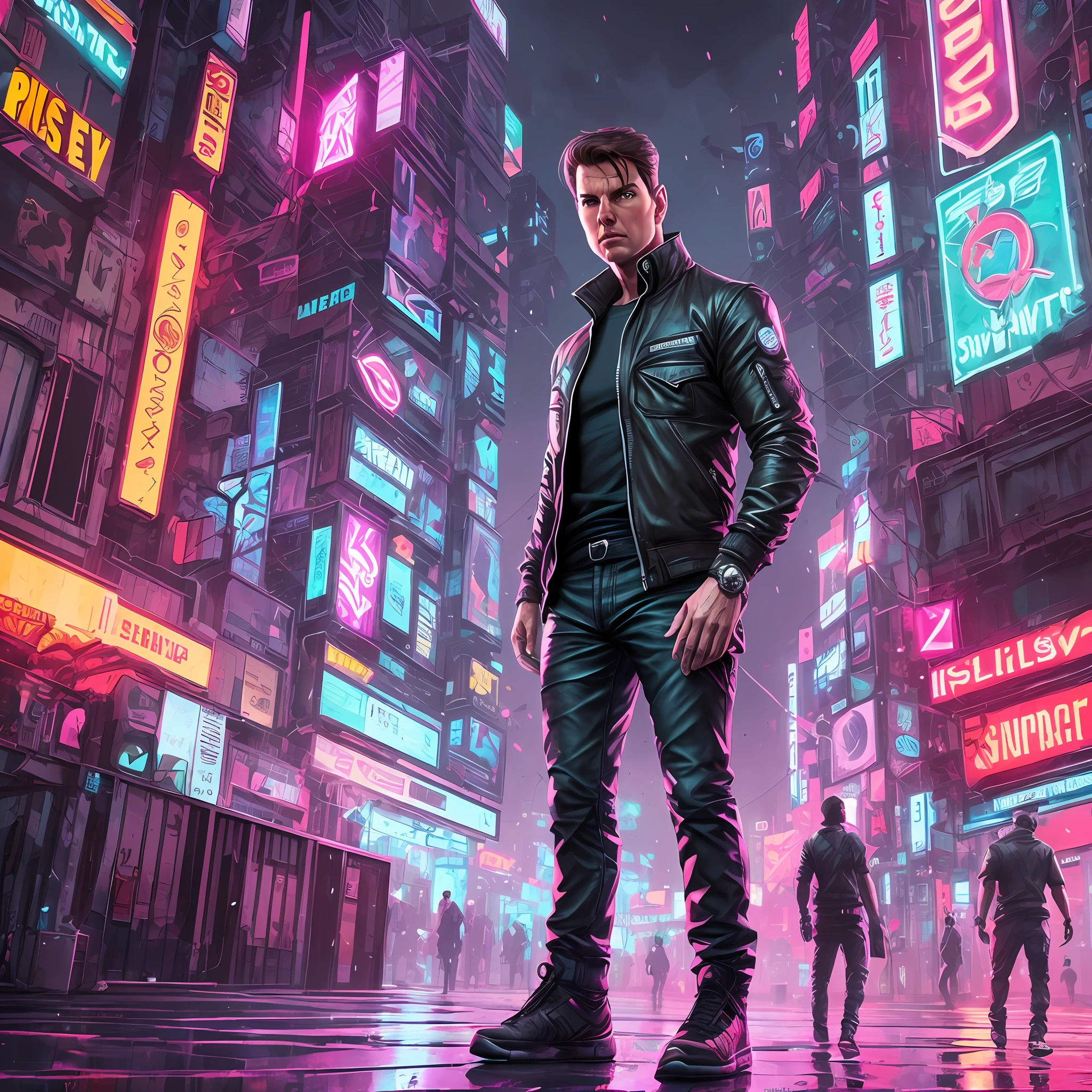 tom cruise, loish, jeremy mann, full body shot, character sheet, lightningwave, 3d, cgi, glowing neon, cyberpunk, streetwear outfit, ☂️, neon city --auto --s2