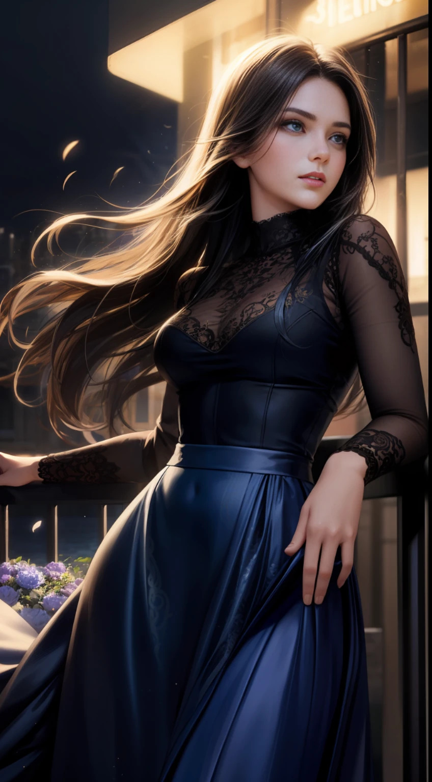 Realistic, (1girl), flowing hair, blue eyes, glowing eyes, sexy posture holding the railing, looking at the audience head-on, detailed lace shirt, light elegant long skirt fluttering in the wind, parted lips, detailed face details, natural shadows, depth of field, movie lighting effects, sea of flowers