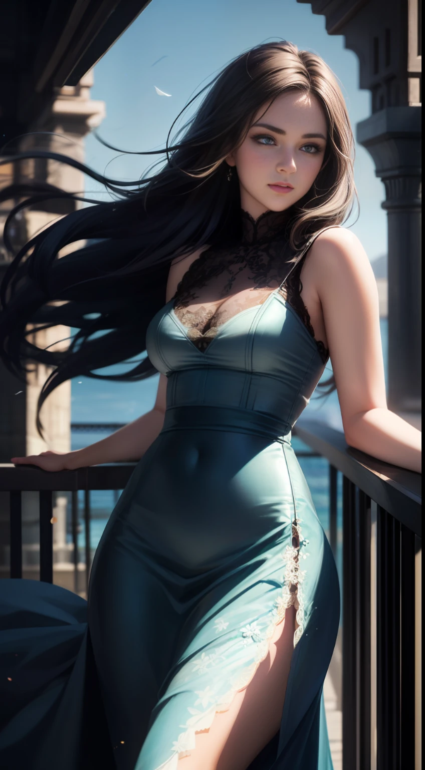 Realistic, (1girl), flowing hair, blue eyes, glowing eyes, sexy posture holding the railing, looking at the audience head-on, detailed lace shirt, light elegant long skirt fluttering in the wind, parted lips, detailed face details, natural shadows, depth of field, movie lighting effects, sea of flowers