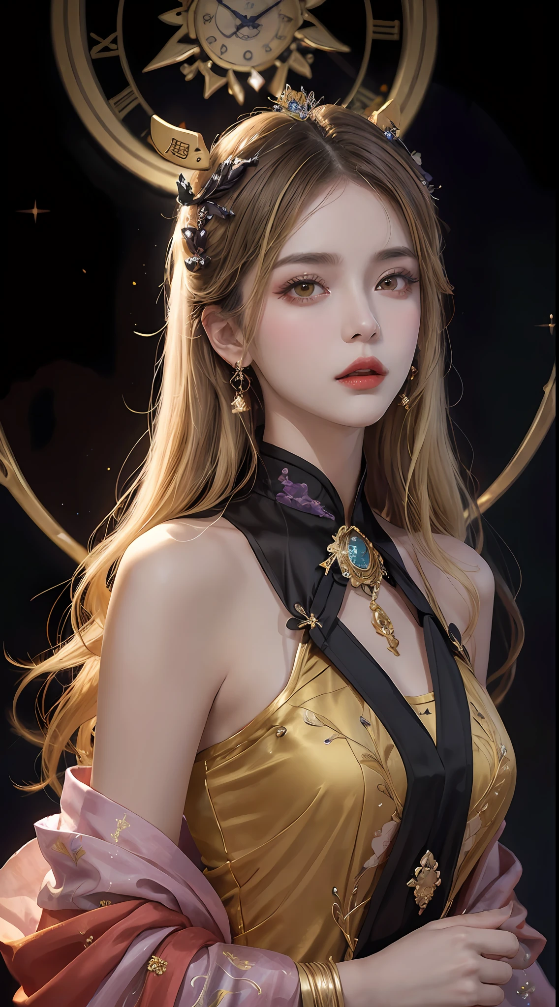 1 27-year-old girl, 1 zodiac goddess from the future, goddess of the pink and purple 12 zodiacs, the goddess of the zodiac in a yellow ao dai, a 12 zodiac ao dai with many black lace detail, mythology Goddess of the 12 zodiacs from the future, zodiac ♏, luxurious glittering zodiac style, dark and mysterious version, zodiac crown, lipstick lips red, thin and beautiful lips, Smile makes viewers fall in love, characters made by karol bak and pino daeni, intricate detail, detailed background, extremely detailed, light magic, a woman, clear face, look at the face of goddess zodialook at the zodiac goddess face, hair long with bangs, beautiful face in detail and well-proportioned eyes, (transparent yellow eyes: 1.8), big round eyes and very beautiful and detailed makeup, foresight, silk dress, mysterious makeup, double bangs and dyed light blonde, uper body, zodiac goddess uper body, arms hanging loosely, Realistic and vivid photo, (stars make up the zodiac: 1.7), (sky background zodiac and fictitious space and time portal: 1.8), fiction art, RAW photo, hanfu picture, best photo, best photo quality, 8k quality, 8k ultra, super realistic, real photo most economical, artistic portrait of goddess zodiac,