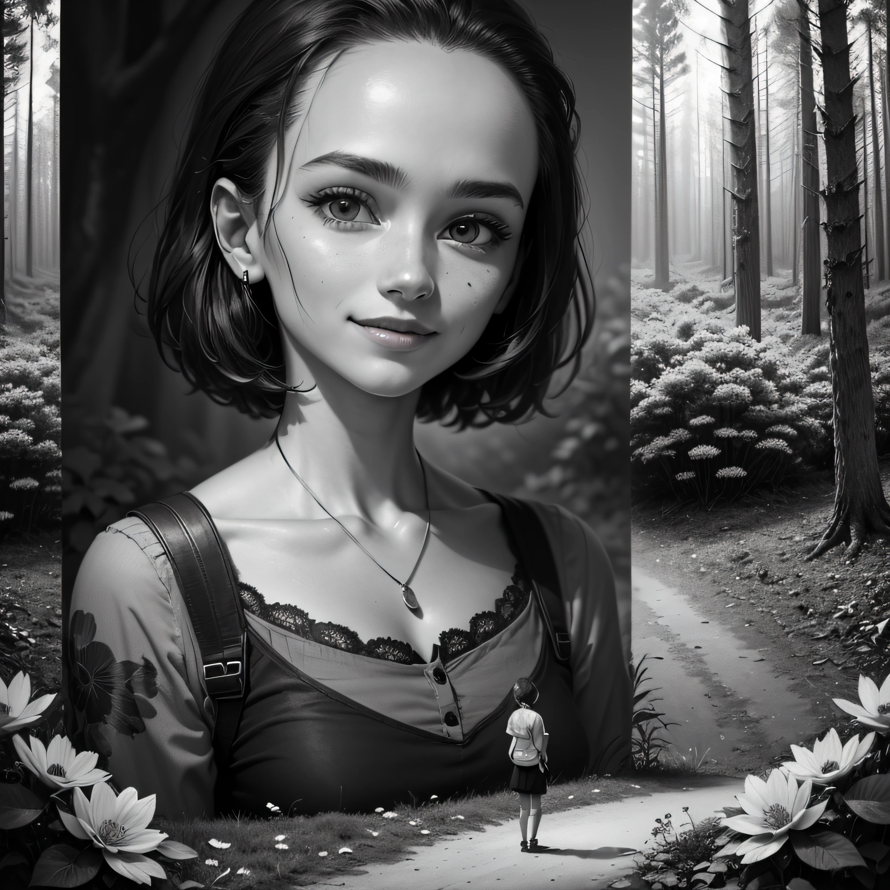 (background ancient ruins), original,(illustration:1.2 black and white),(best quality), (masterpiece:1.2), (extremely detailed 8k wallpaper of the unit, black and white image, made in HB graphite pencils, (panoramic photo:1.4),(full body:1.05), (splashes),((GRAFFITI)), sharp focus, 1 girl standing with with phone in her hands, (flowers, woods), outdoors, stones, Make happy expressions, soft, pure smile, beautiful and detailed face and eyes, short hair, soft face, forehead --auto