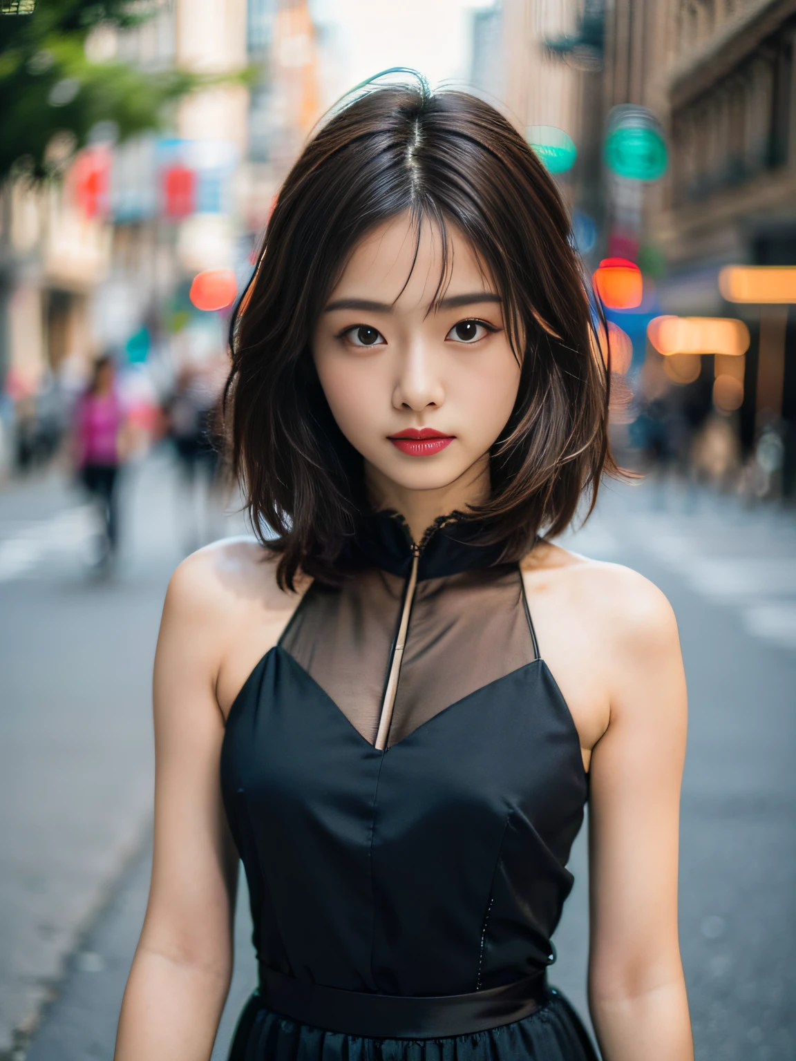 Woman posing seductive on street corner, top quality, high resolution, 8k, girl alone, outdoor, (street: 0.8), (people, crowd: 1), sleeveless dress, black dress: 1.5), gorgeous, (medium hair), (dynamic pose: 0.8), (upper body: 1.2), soft lighting, wind, glossy skin, gaze,