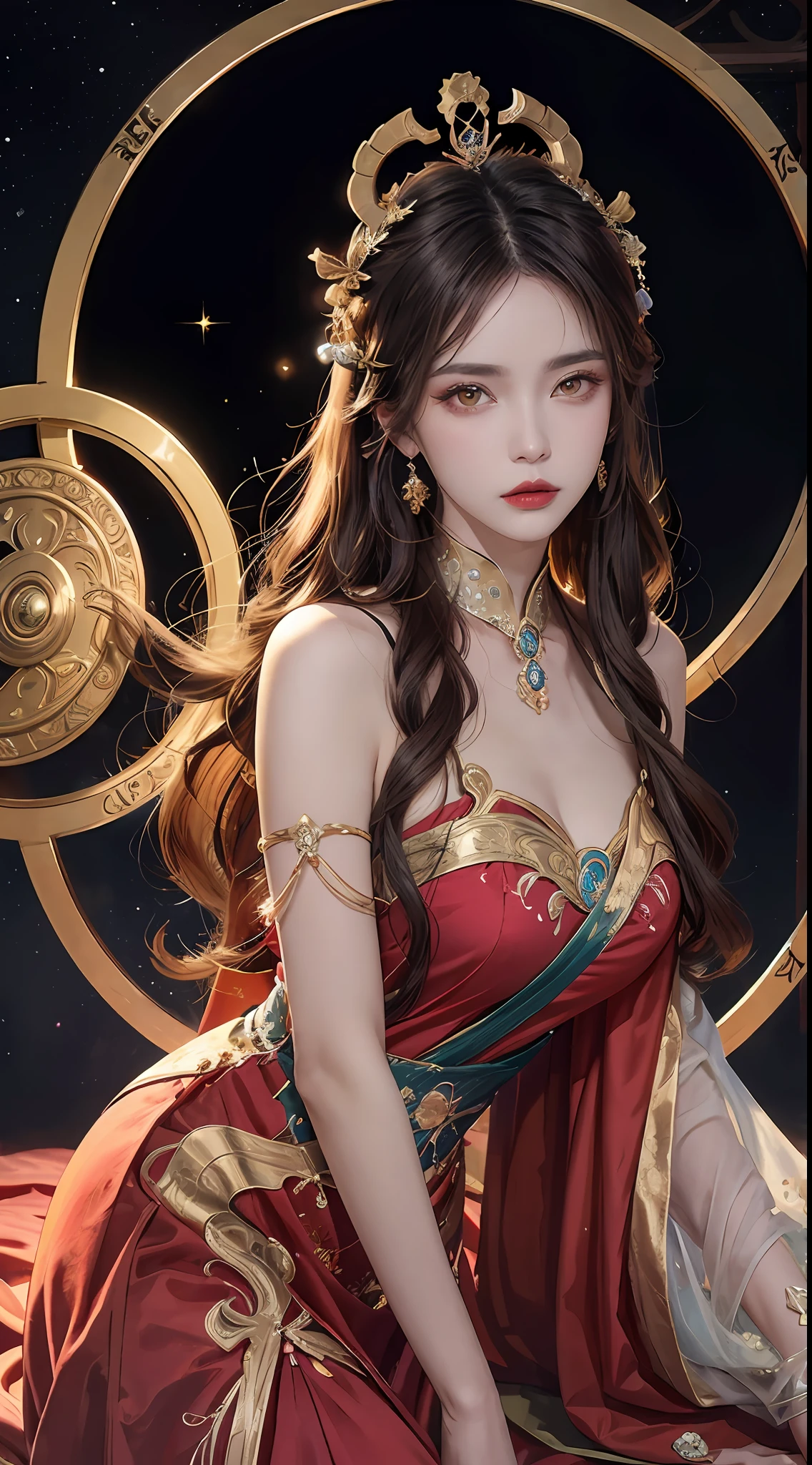 1 27-year-old girl, 1 zodiac goddess from the future, goddess of the pink and purple 12 zodiacs, the goddess of the zodiac in a yellow ao dai, a 12 zodiac ao dai with many black lace detail, mythology Goddess of the 12 zodiacs from the future, zodiac ♏, luxurious glittering zodiac style, dark and mysterious version, zodiac crown, lipstick lips red, thin and beautiful lips, Smile makes viewers fall in love, characters made by karol bak and pino daeni, intricate detail, detailed background, extremely detailed, light magic, a woman, clear face, look at the face of goddess zodialook at the zodiac goddess face, hair long with bangs, beautiful face in detail and well-proportioned eyes, (transparent yellow eyes: 1.8), big round eyes and very beautiful and detailed makeup, foresight, silk dress, mysterious makeup, double bangs and dyed light blonde, uper body, zodiac goddess uper body, arms hanging loosely, Realistic and vivid photo, (stars make up the zodiac: 1.7), (sky background zodiac and fictitious space and time portal: 1.8), fiction art, RAW photo, hanfu picture, best photo, best photo quality, 8k quality, 8k ultra, super realistic, real photo most economical, artistic portrait of goddess zodiac,