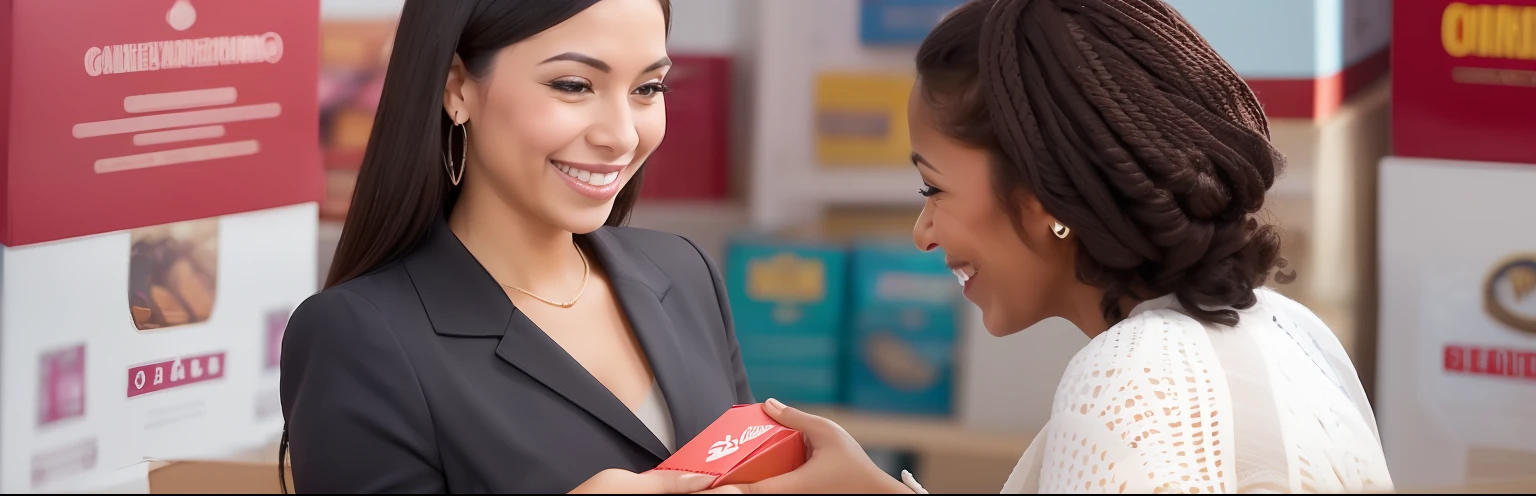 Latina woman smiling as she hands a shoebox to an excited woman who pays her for the purchase