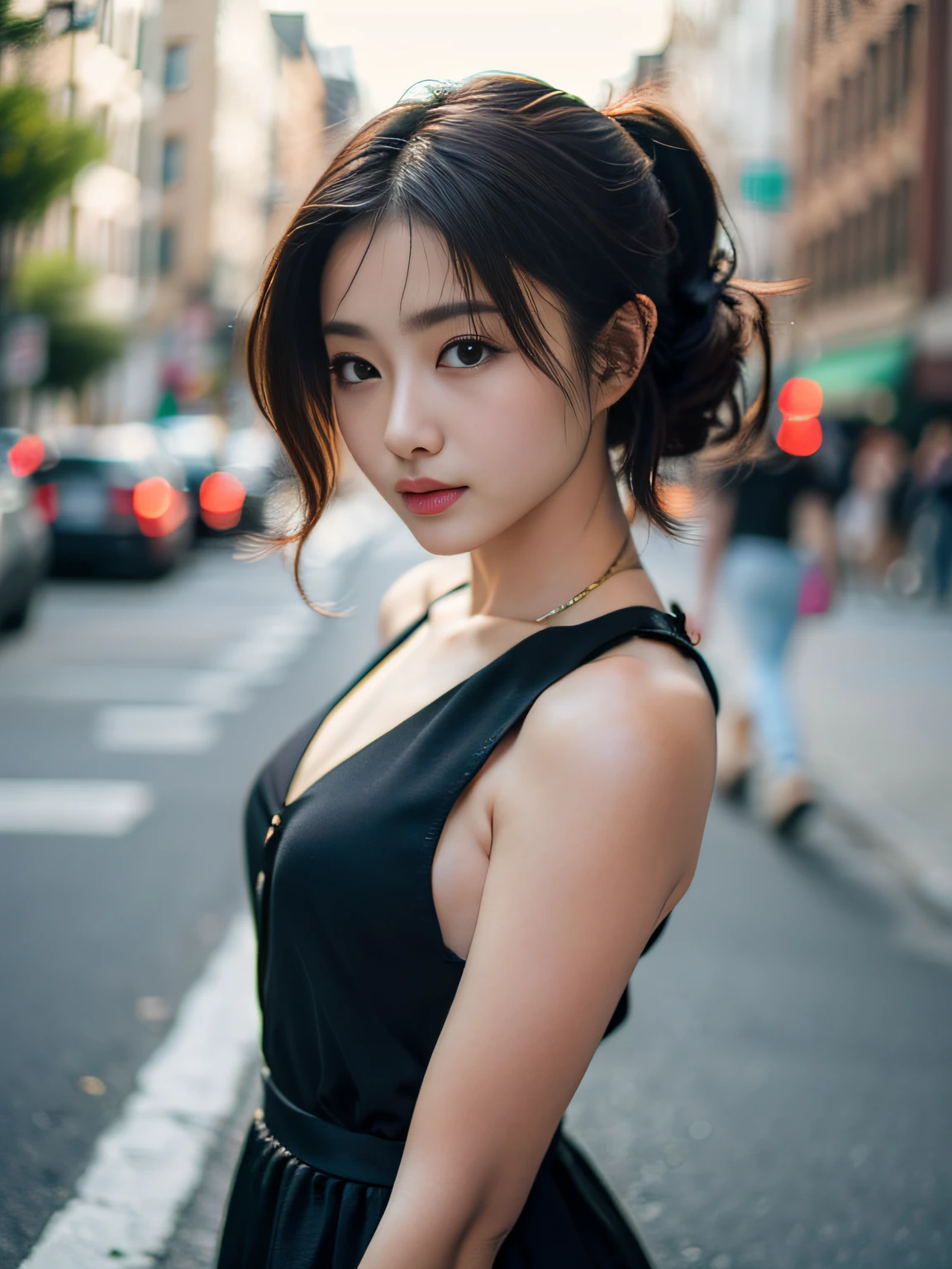 Woman posing seductive on street corner, top quality, high resolution, 8k, girl alone, outdoor, (street: 0.8), (people, crowd: 1), sleeveless dress, black dress: 1.5), gorgeous, (medium hair), (dynamic pose: 0.8), (upper body: 1.2), soft lighting, wind, glossy skin, gaze,