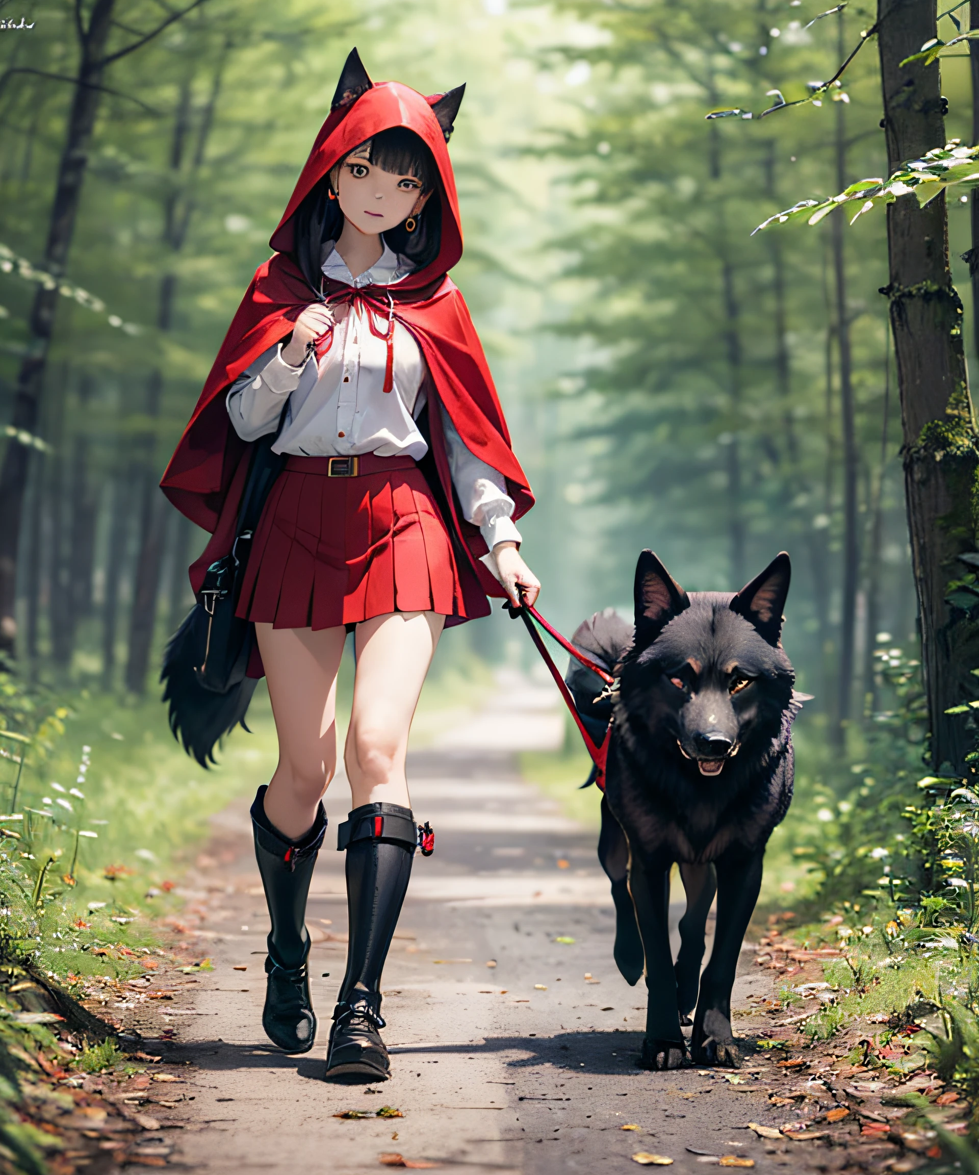 Masterpiece, realistic, in the dark forests of Europe, Little Red Riding Hood woman walking with a wolf-shaped backpack, miniskirt, 20 years old, skin luster, full body, red long hair, thighs, calves, Little Red Riding Hood with deep slits, bare feet, trekking shoes, photorealistic, mini skirt, white knee-high socks, accompanied by a large black wolf, Little Red Riding Hood earrings in wolf ears