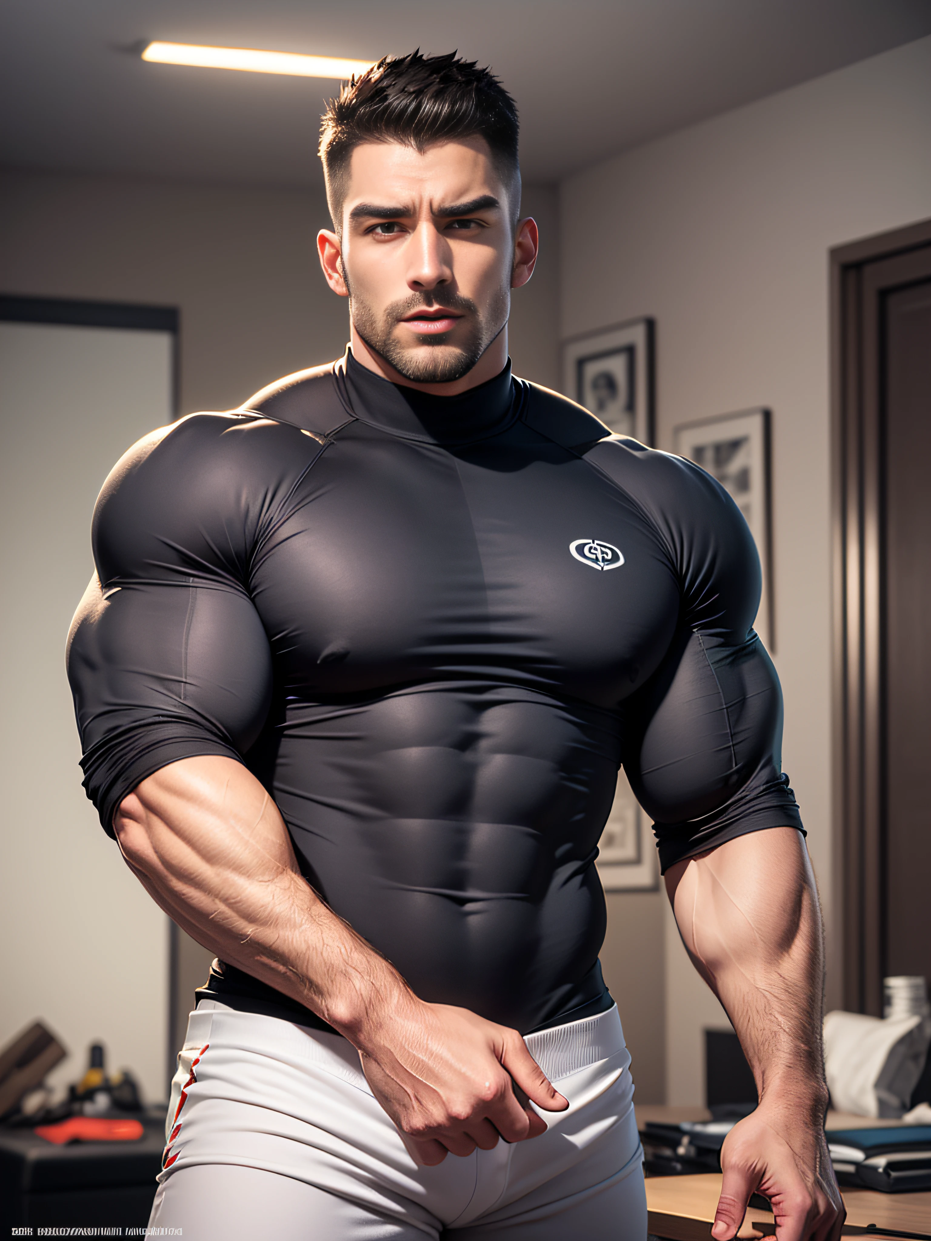 Character design (open mouth muscle special soldier, Buzz Cut, national character face, tough guy) wearing a long-sleeved dark black high-neck stretch tight T-shirt, thickened and warm security uniform, standing in a luxurious bedroom, looking intoxicated and enjoyed, eyes slightly narrowed, mouth open into an O-shape, expression enjoyment, deep and charming eyes, emerald pupils, he is tall, burly, muscular! Sexy charming muscular leg muscles, tall burly, dark black long sleeve stretch turtleneck skinny T-shirt, super gain and cool, high resolution commission, white sneakers, warm lights on the body, camouflage pants, expression mesmerized enjoyment
