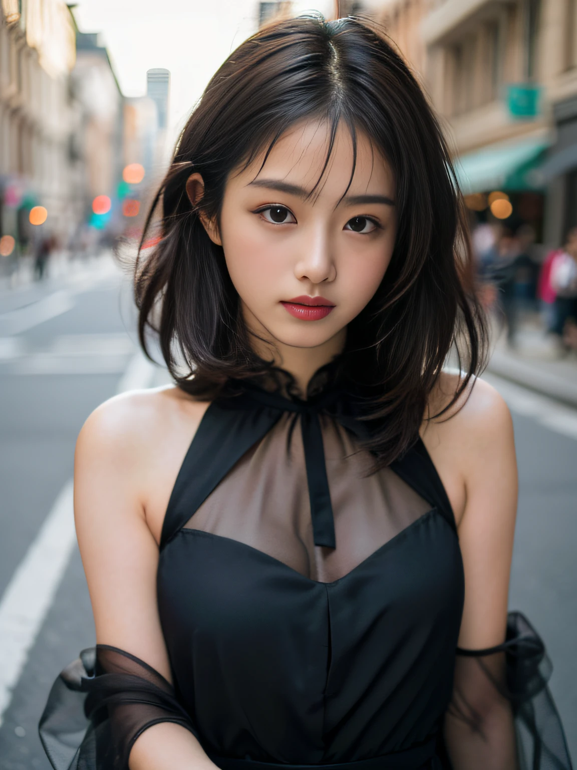 Woman posing seductive on street corner, top quality, high resolution, 8k, girl alone, outdoor, (street: 0.8), (people, crowd: 1), sleeveless dress, black dress: 1.5), gorgeous, (medium hair), (dynamic pose: 0.8), (upper body: 1.2), soft lighting, wind, glossy skin, gaze,