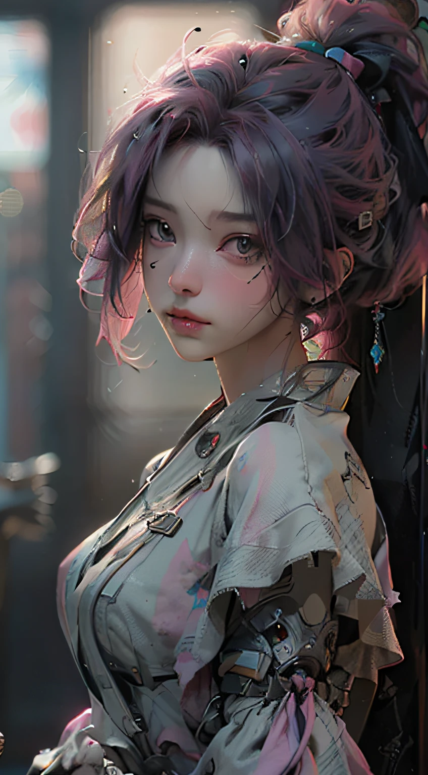 ((Best Quality)), ((Masterpiece)), (Details:1.4), 3D, (((Colossal)), Image of Beautiful Cyberpunk Woman,HDR (High Dynamic Range),Ray Tracing,NVIDIA RTX,Super Resolution,Unreal 5,Subsurface Scattering,PBR Texturing,Post-Processing,Anisotropic Filtering,Depth of Field, Maximum Clarity and Sharpness, Multilayer Textures, Albedo and Specular Maps, Surface Shading, Accurate Simulation of Light-Material Interactions, Perfect Proportions, Octane Rendering, Two-Tone Lighting, Wide Aperture, Low ISO, White Balance, Rule of Thirds, 8K RAW, Big, ((Pink Hair), (((Exposure))