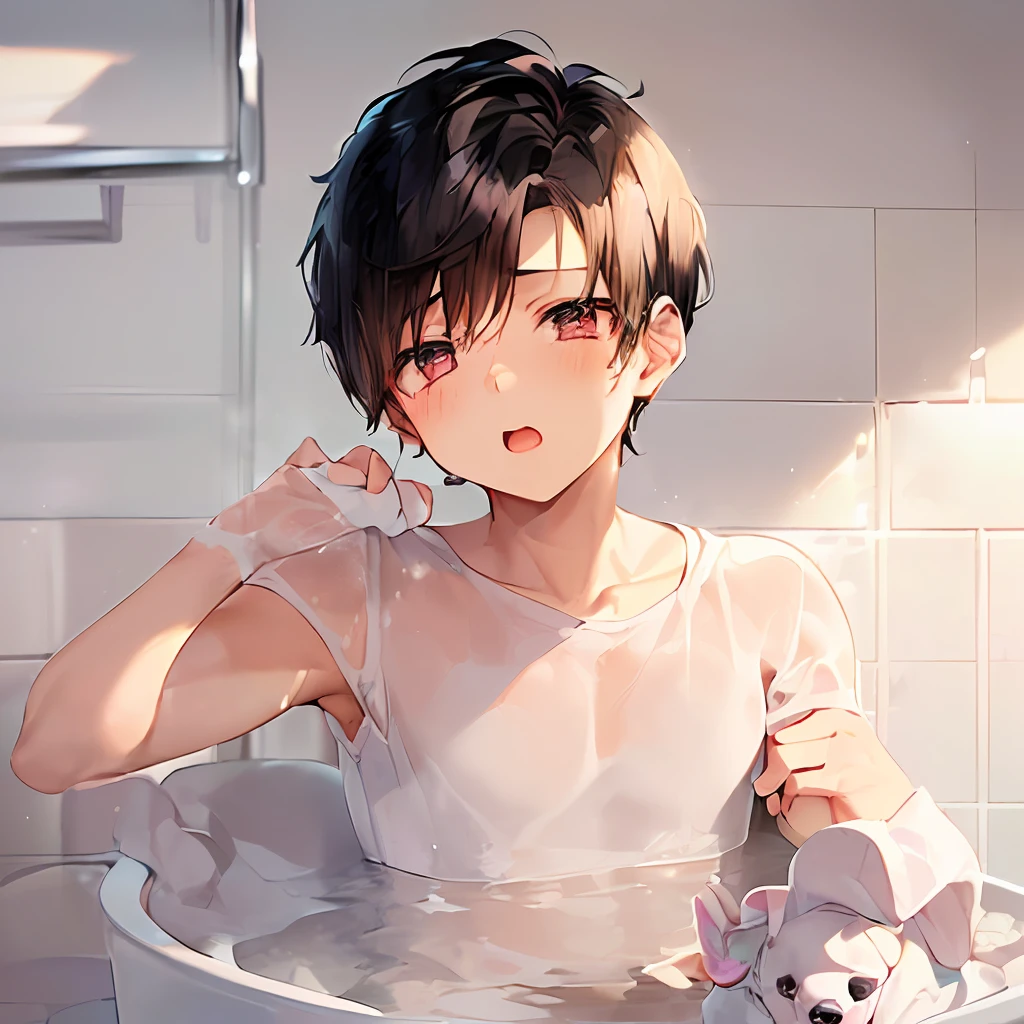 (In the bathroom at home, a boy with short black hair bathes a cute white puppy::1.8) (Puppy with foam: 1.9) (Men, wearing a top: 1.9)
  (Dog sitting on the ground: 1.9) (Surprised expression on the dog's face: 1.5) (Masterpiece, Masterpiece: 1.5)