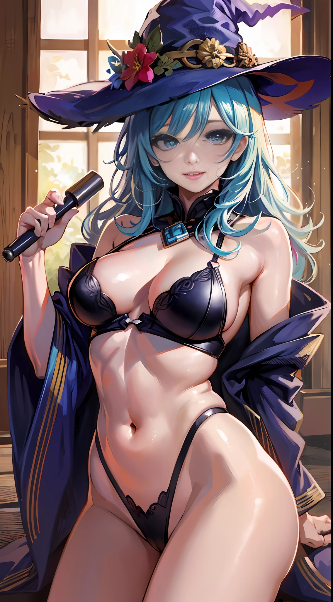 big smile, wizard, witch costume, magic hat, magic wand, wearing a robe, holding a bloomstick, beauty, breasts, blue hair bob, blue eyes, disheveled clothes, blonde beauty, lying down, legs spread, missionary, crotch open, insult, raw photo, one girl, erotic body, beautiful woman, 22 years old, attractive female body, light muscles, dynamism, constricted waist, 8k, HDR, realistic photography, realistic texture, toned skin, (realistic, photorealistic: 1.9), sharp focus, photography, raw photography, masterpiece, high definition photography, movie stills, quality like taken with a DSLR camera, high quality, dynamic poses, ryokan