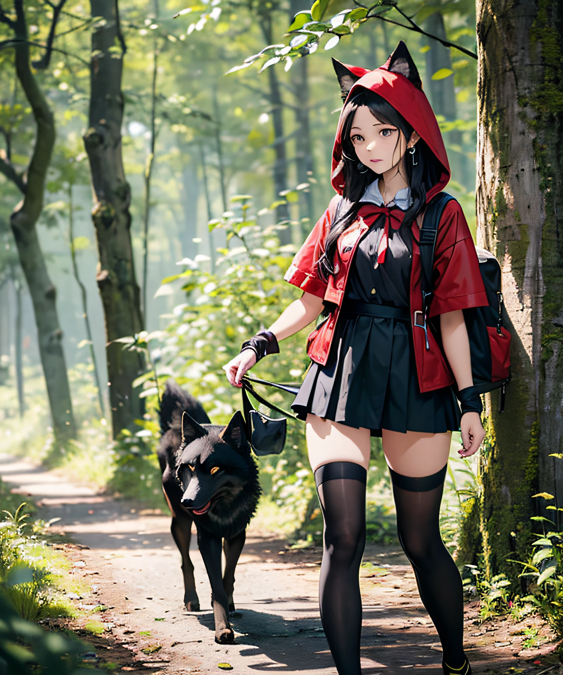 Masterpiece, realistic, in the dark forests of Europe, Little Red Riding Hood woman walking with a wolf-shaped backpack, miniskirt, 20 years old, skin luster, full body, red long hair, thighs, calves, Little Red Riding Hood with deep slits, bare feet, trekking shoes, photorealistic, mini skirt, white knee-high socks, accompanied by a large black wolf, Little Red Riding Hood earrings in wolf ears