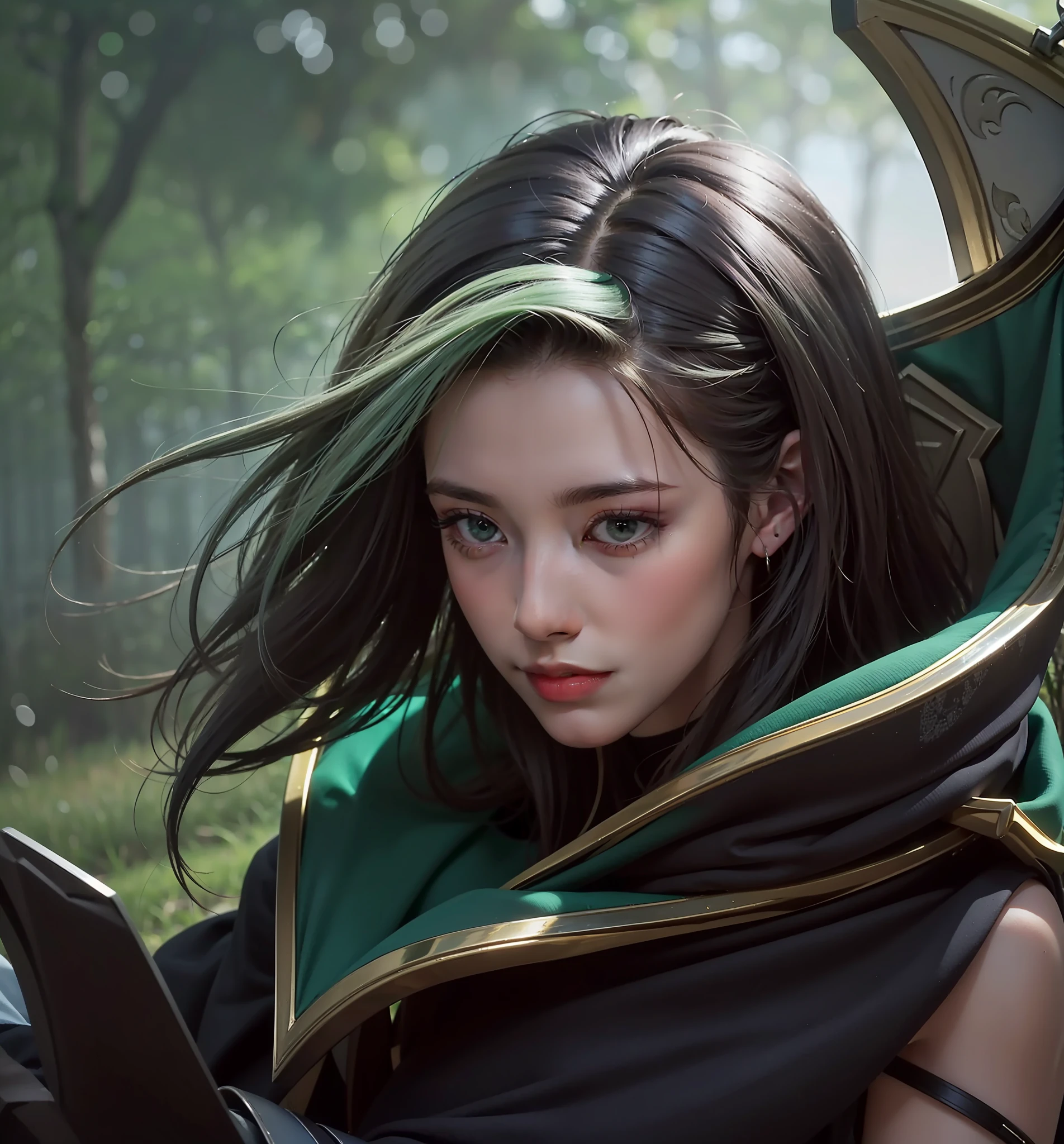 Benedetta, Mobile Legends, hair detail, Realistic, Best Quality, HD, Beautiful, Considerate, Looking at me with a softly smile , Loving me with all her heart, Black Green dress, Scenery, Sunny, Forest, Emerald Green Eyes
