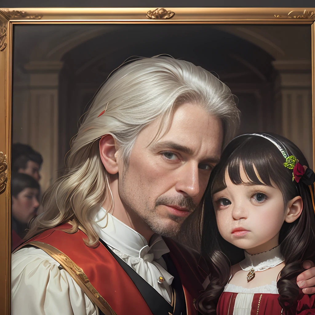 Masterpiece portrait, realistic, intricate details, cinematic lighting, high dynamic range, there is a man and a woman sitting next to a little girl, portrait of a family of three, family portrait, Vladimir Novak, romantic portraiture, royal portraiture, fine art portraiture, inspired by Pierre Auguste Court, realistic Renaissance portrait, classic portrait, Laszló Balog, Roman Bazepalkiv, traditional portrait, royal portrait, 16K, best quality