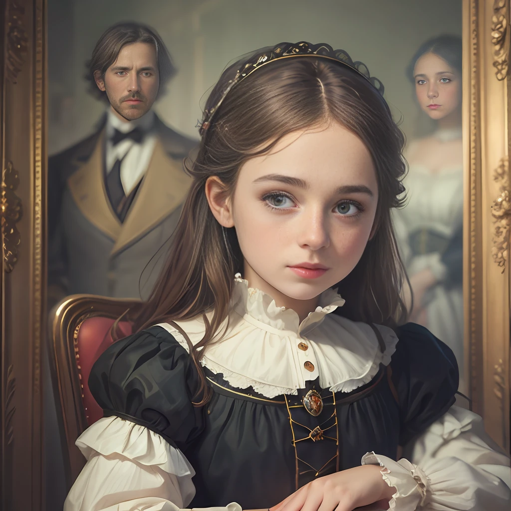 Masterpiece portrait, realistic, intricate details, cinematic lighting, high dynamic range, there is a man and a woman sitting next to a little girl, portrait of a family of three, family portrait, Vladimir Novak, romantic portraiture, royal portraiture, fine art portraiture, inspired by Pierre Auguste Court, realistic Renaissance portrait, classic portrait, Laszló Balog, Roman Bazepalkiv, traditional portrait, royal portrait, 16K, best quality