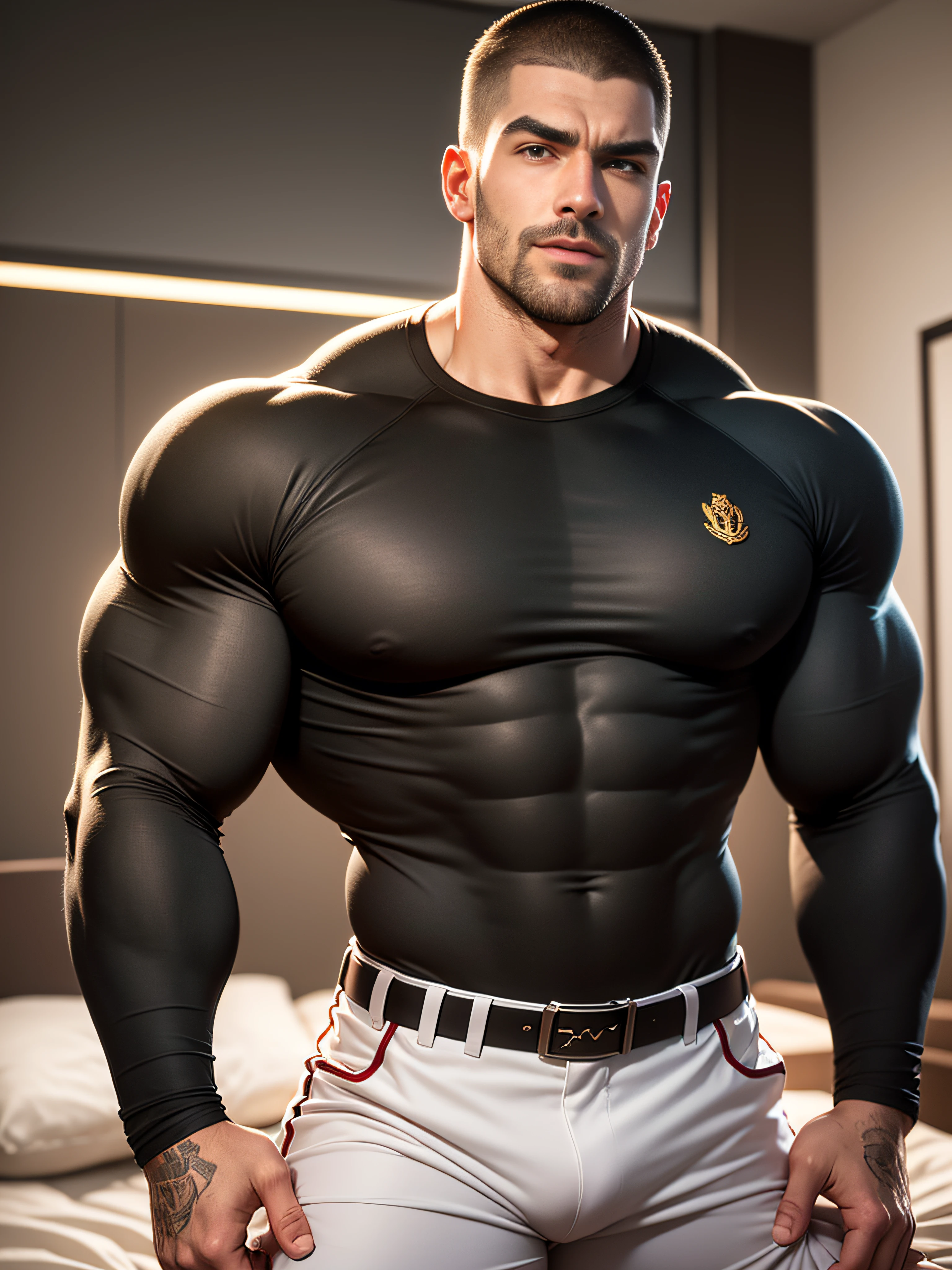 Character design (open mouth muscle special soldier, Buzz Cut, national character face, tough guy) wearing a long-sleeved dark black high-neck stretch tight T-shirt, thickened and warm security uniform, standing in a luxurious bedroom, looking intoxicated and enjoyed, eyes slightly narrowed, mouth open into an O-shape, expression enjoyment, deep and charming eyes, emerald pupils, he is tall, burly, muscular!  charming muscular leg muscles, tall burly, dark black long sleeve stretch turtleneck skinny T-shirt, super gain and cool, high resolution commission, white sneakers, warm lights on the body, camouflage pants, expression mesmerized enjoyment