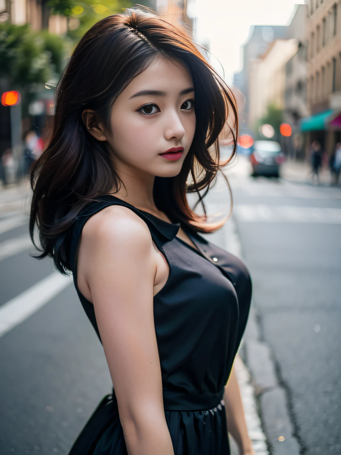 Woman posing seductive on street corner, top quality, high resolution, 8k, girl alone, outdoor, (street: 0.8), (people, crowd: 1), sleeveless dress, black dress: 1.5), gorgeous, (medium hair), (dynamic pose: 0.8), (upper body: 1.2), soft lighting, wind, glossy skin, gaze,