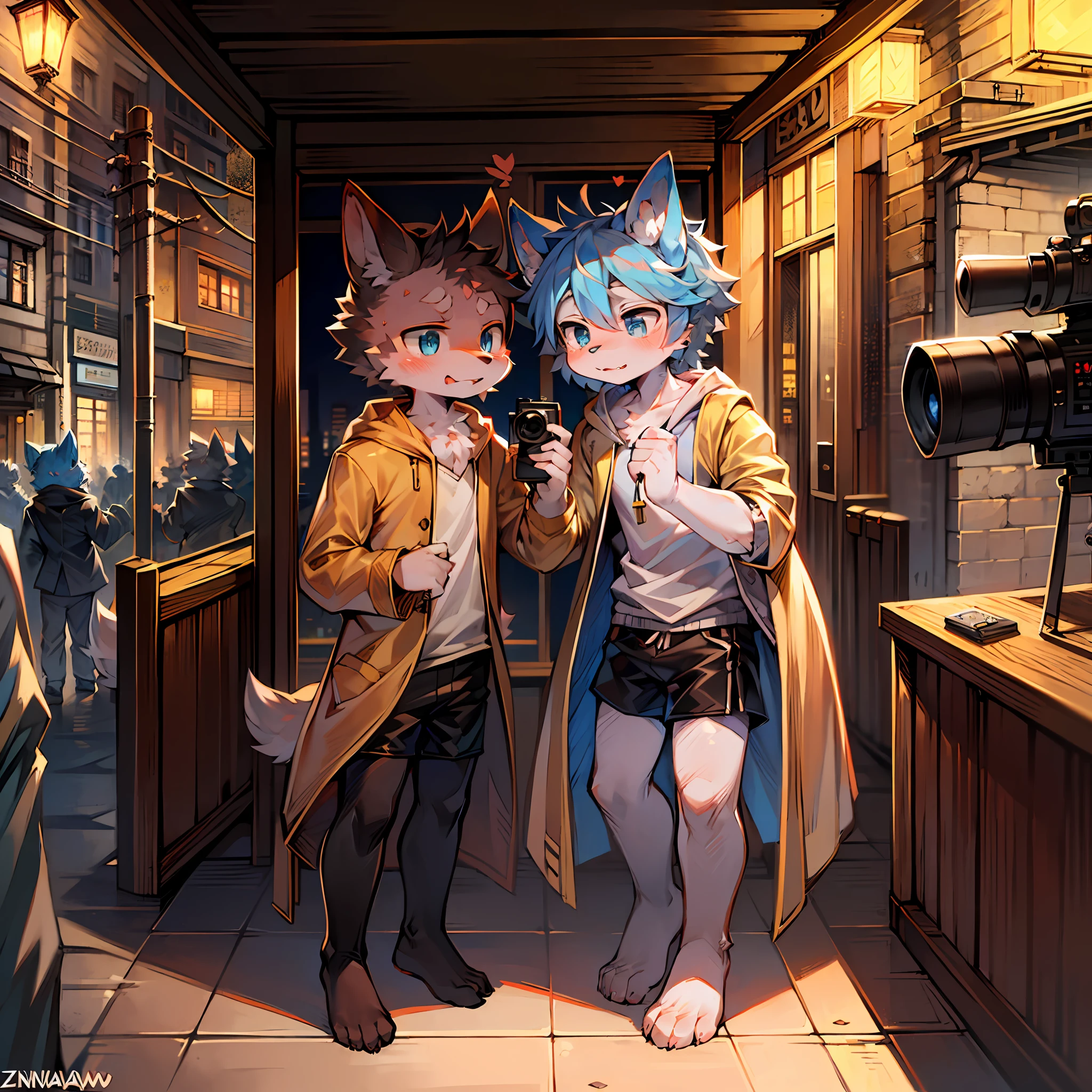 zackary911, by majmajor, by syuro, by dagasi, by wolfwithwing, by hanuvo, by tabhead, by zinfyu, by seraziel, (by dagasi: 1.1), BREAK, masterpiece, high resolution, 8k, detailed background, high quality, dog, male, gray fur, blue eyes, dog ears, Furry dog tail, full body hair, wearing modern clothes, beige coat, city, camera in hand, daytime, cute boy