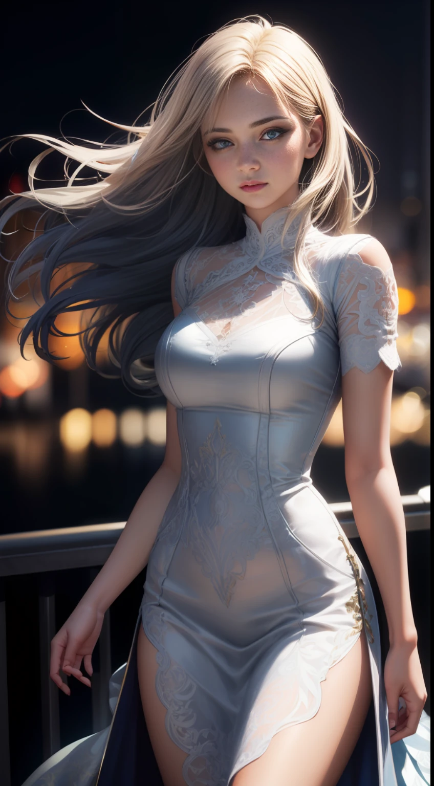 Realistic, (1girl), flowing hair, blue eyes, glowing eyes, sexy posture holding the railing, looking at the audience head-on, detailed lace shirt, elegant long dress fluttering in the wind, parted lips, detailed face details, natural shadows, depth of field, cinematic lighting effects, white background