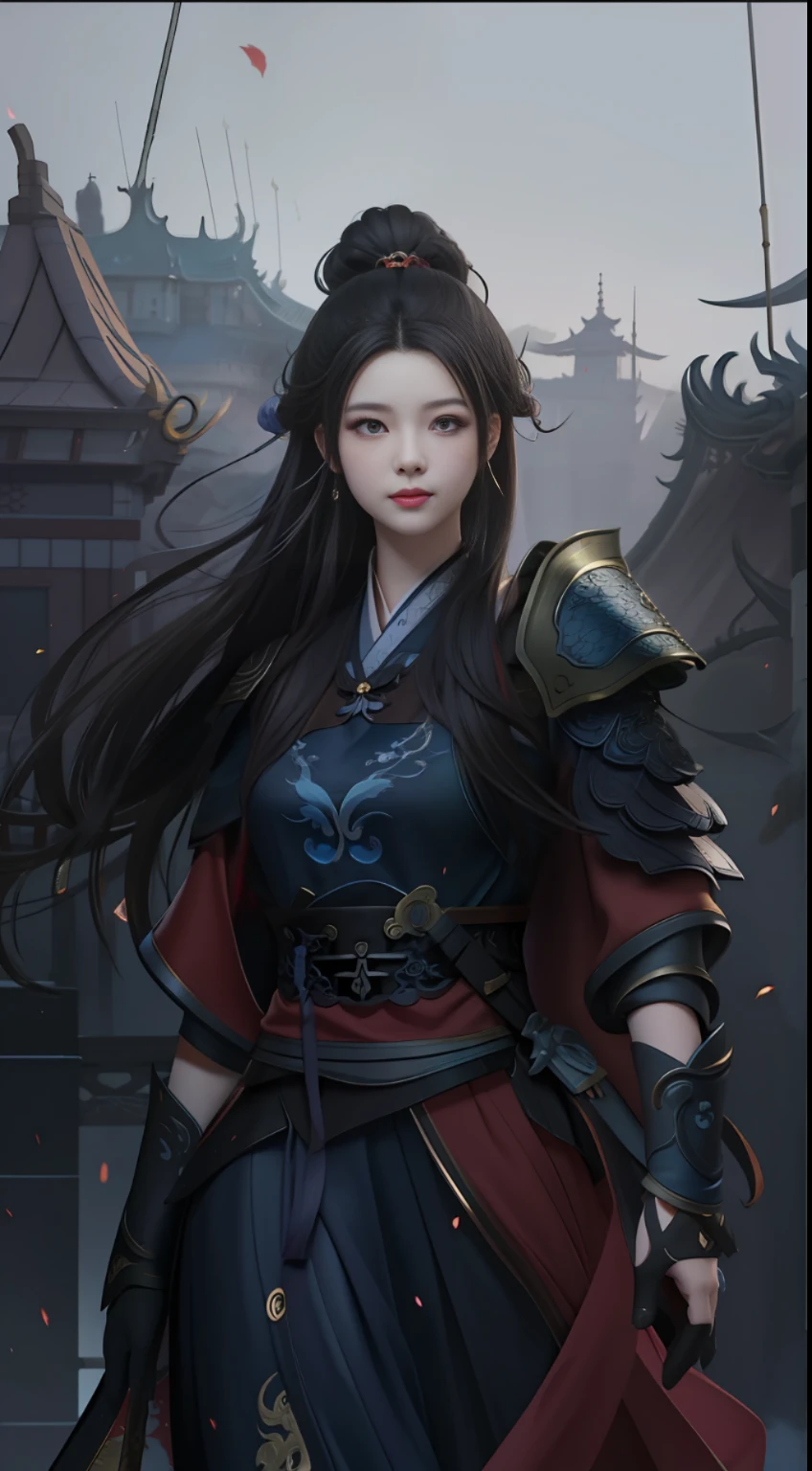 anime girl with black hair and red cape standing in front of a group of people, by Yang J, beautiful character painting, xianxia hero, inspired by Du Qiong, epic fantasy art style, xianxia, fantasy art style, artwork in the style of guweiz, a beautiful woman warrior, by Li Song, epic exquisite character art --auto